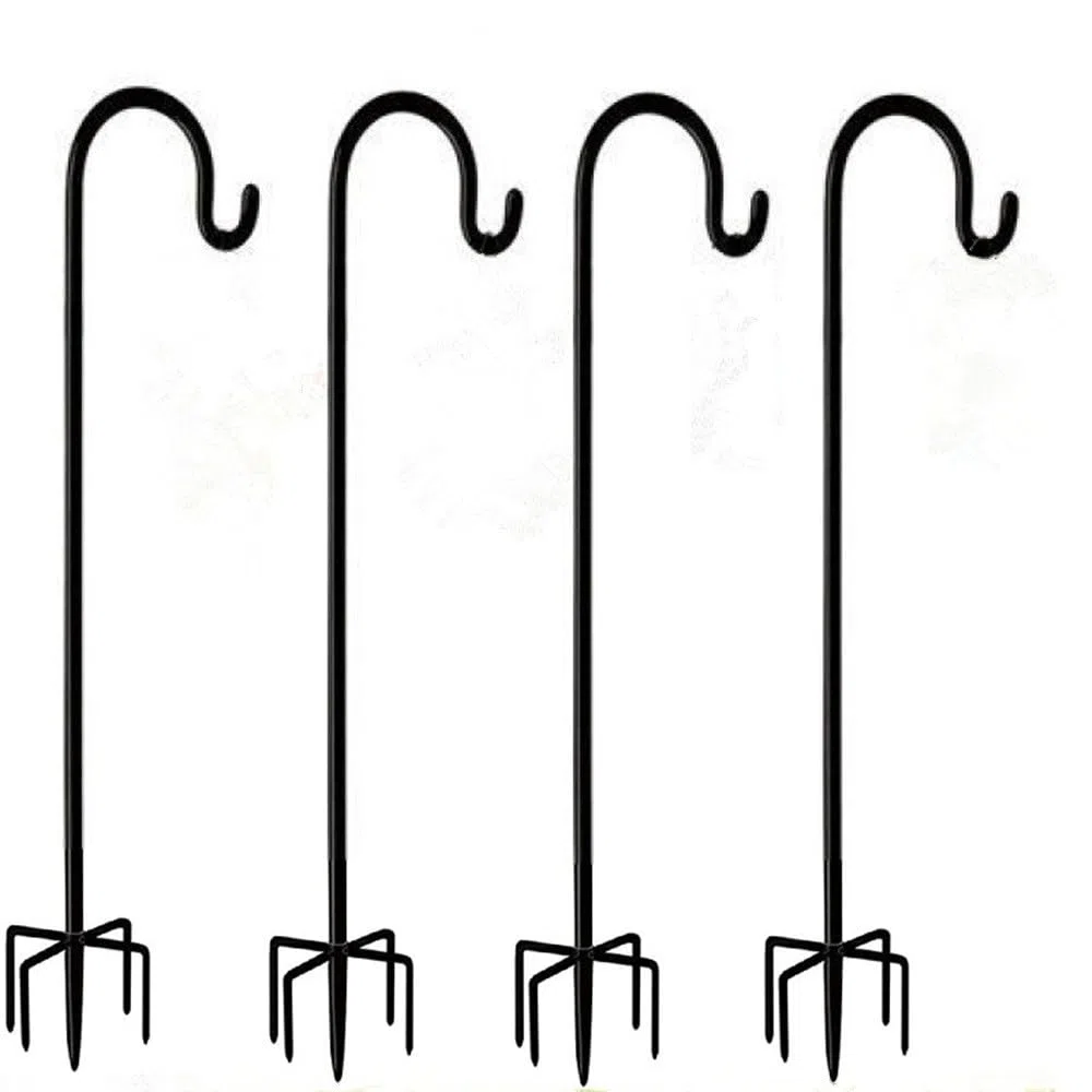 Schäferhaken, 4-teilig, höhenverstellbar, mit 5 Krallensockeln, schwarzes Metall, für Garteneingang, Laternen, Pflanzkörbe, Lichterketten, Blumenkugeln (190 cm)