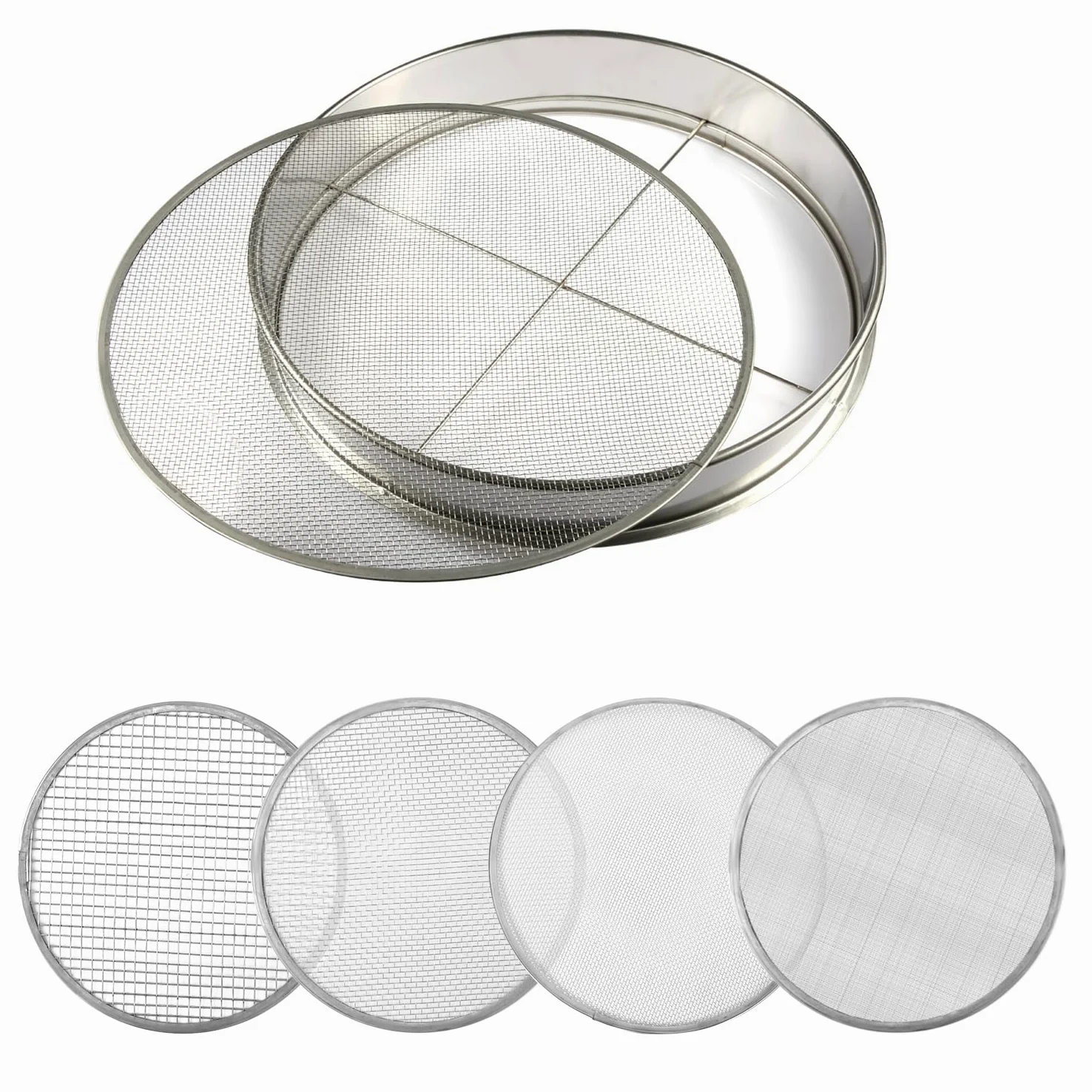 Savita Bodensieb Garten, 1st 40cm Edelstahl Siebpfanne und 4 Stück 0,7/2/3/6mm Maschenweiten Bodensieb Edelstahl Bodensieb Set Schmutz Gartensieb Bodensieb