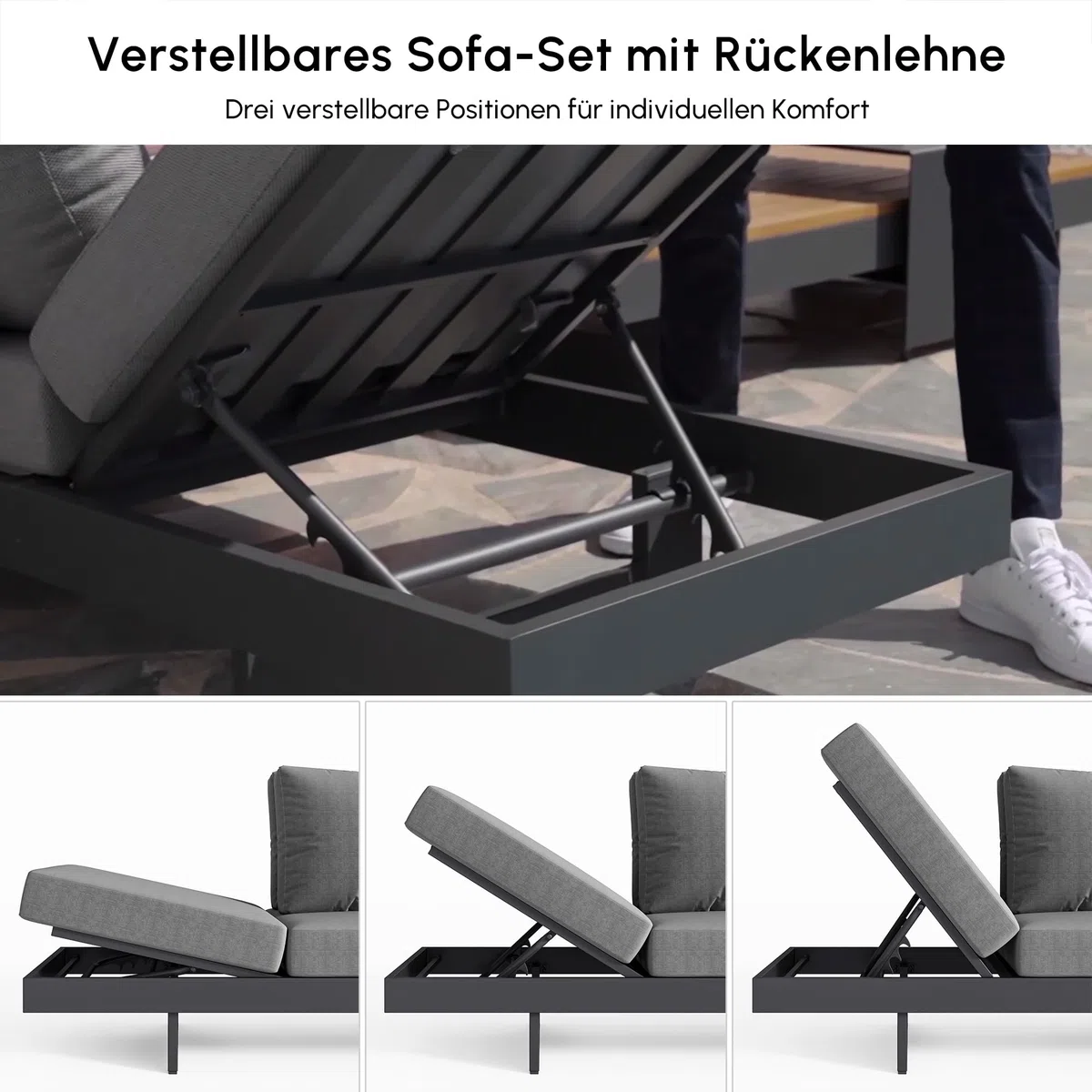 Homary 6-Sitzer Modulare Outdoor Lounge für Familie & Gäste, Garten Sofa Set für große Terrasse, Aluminium & Teak, 12 cm Komfort Polster, pflegeleicht