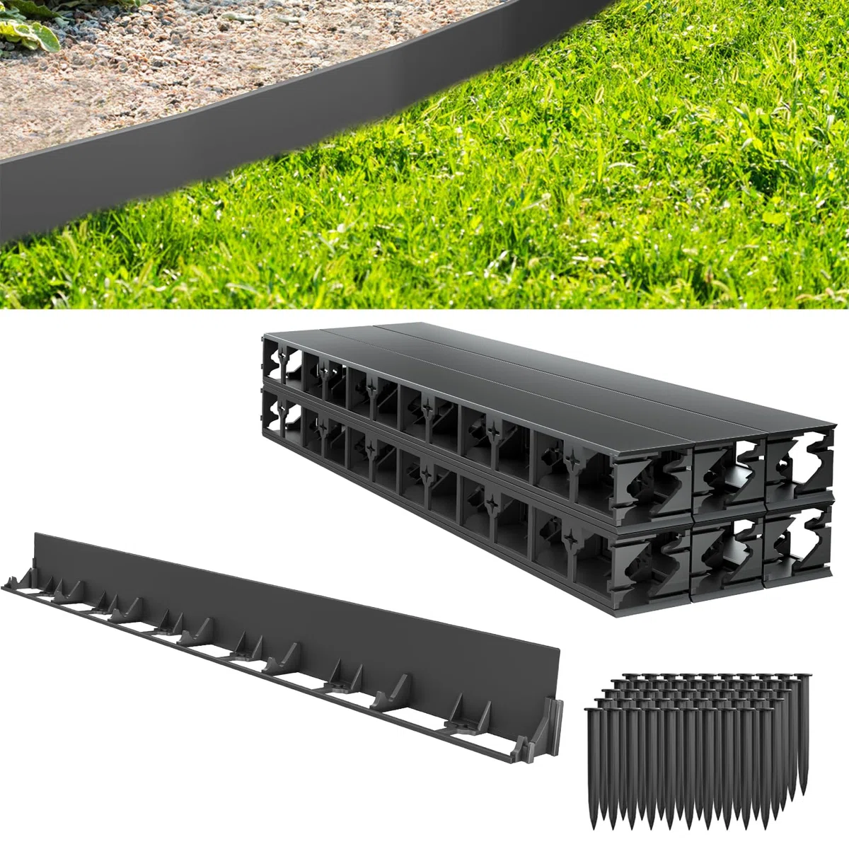 Aufun Flexible Rasenkante Kunststoff 24M Pflasterkante Beeteinfassung mit 100 Erdanker 78mm Schwarz