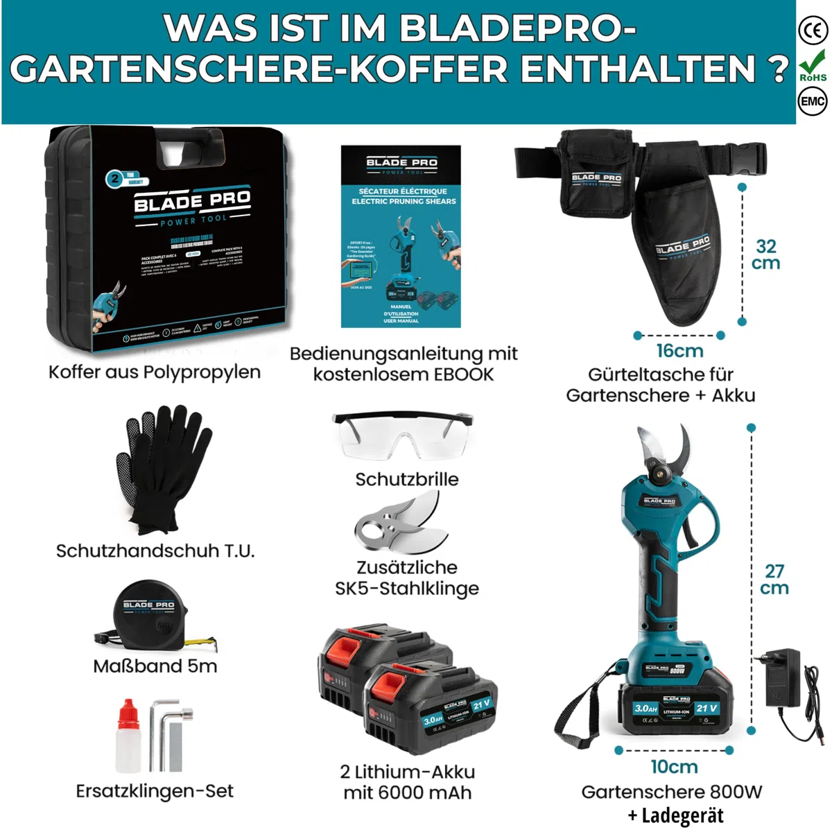 Akku Astschere bis zu 40mm Elektrische Gartenschere 6000mAh — Kabellos für Makita 18V — Bürstenloser Motor 800W — LCD Display — 10-teiliges Set BLADEPRO