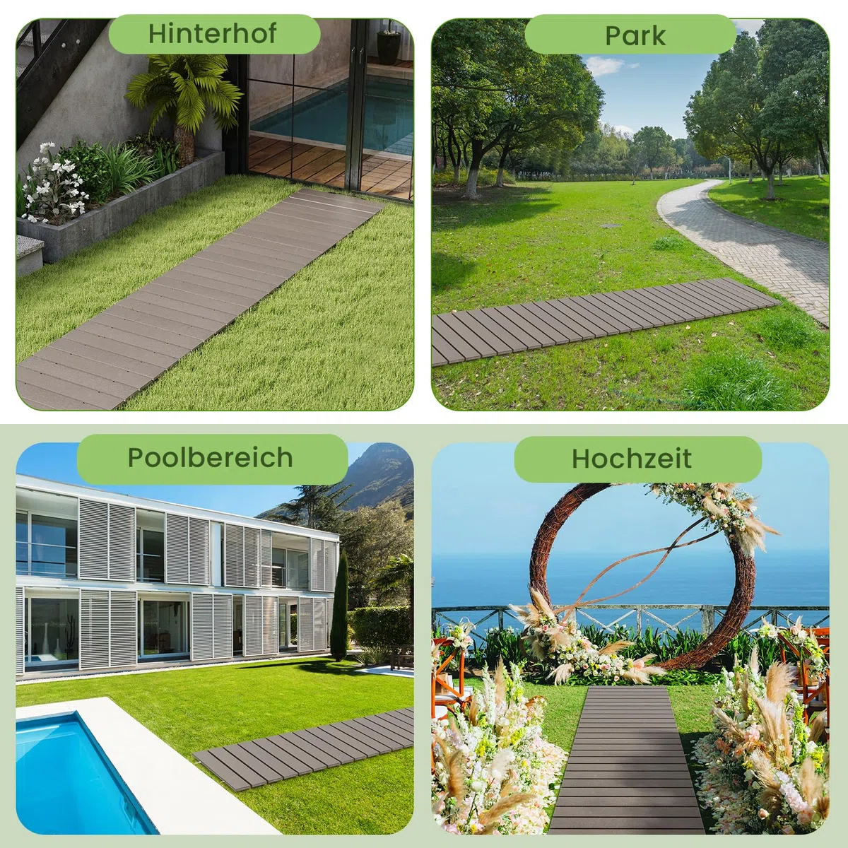 RELAX4LIFE Rollweg wetterfest, Gartenweg aus HDPE, 242 x 55 cm, Gehweg ausrollbar, Gehwegplatte mit Metallverbindung & simulierter Holzmaserung, Trittplatte für Garten, Terrasse, Hochzeit, Party, Grau