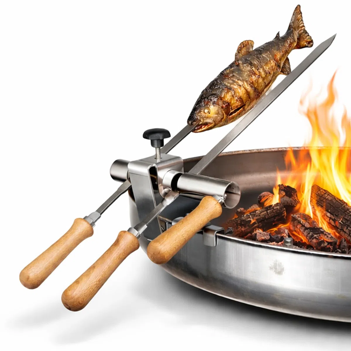 Premium Steckerlfisch Halter für Feuerschale - Platz für 2 Fische - Fisch Grill Aufsatz passt auf jede Feuerschale - stufenlos verstellbar - Fischhalter 100% Edelstahl - Asado Grill für Feuerschale