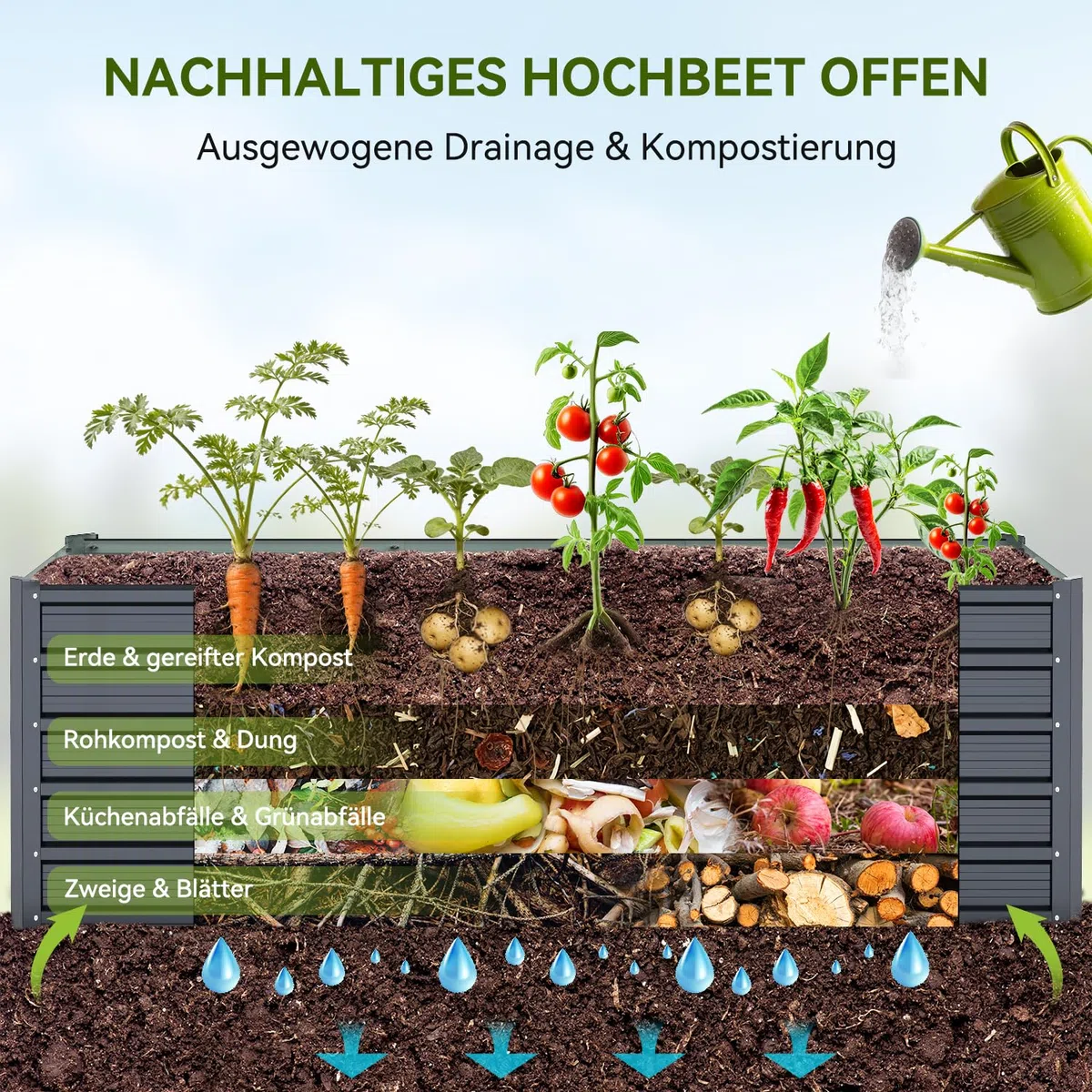 Ohuhu Metall Hochbeet Pflanzenbeet 240x90x60 cm, Hochbeete für Garten aus Robustes Stahlblech, Rostgeschützt & Stabil, Ideal für Garten Gemüse Kräuter Blumen Anthrazit
