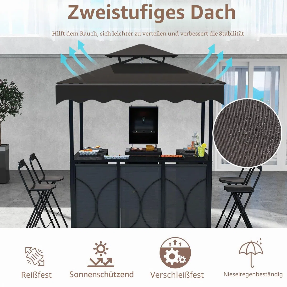 HOMASIS Grillpavillon mit Bartisch und 2 Hockern, strapazierfähiger Outdoor-Pavillon mit Doppeldach, regen- und feuerfeste Pergola (Grau, mit Seitenzelt, 193 x 117 x 240 cm)