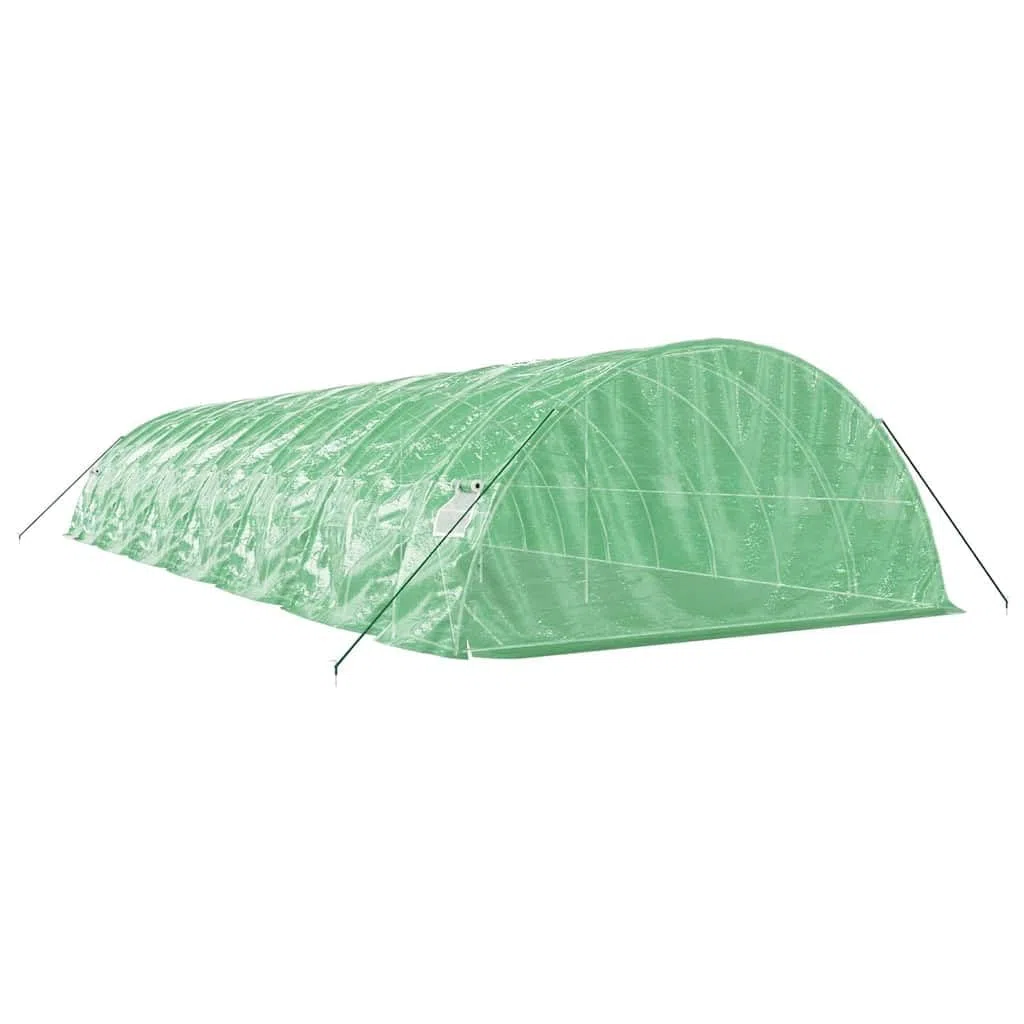 Gewächshaus mit Stahlrahmen Grün 70 m² 14x5x2,3 m für Hobbygartenbau, Anzucht, Pflanzenpflege, Balkon und Terrasse, wetterfest, UV-beständig, robust, mit Belüftung und Fenstern