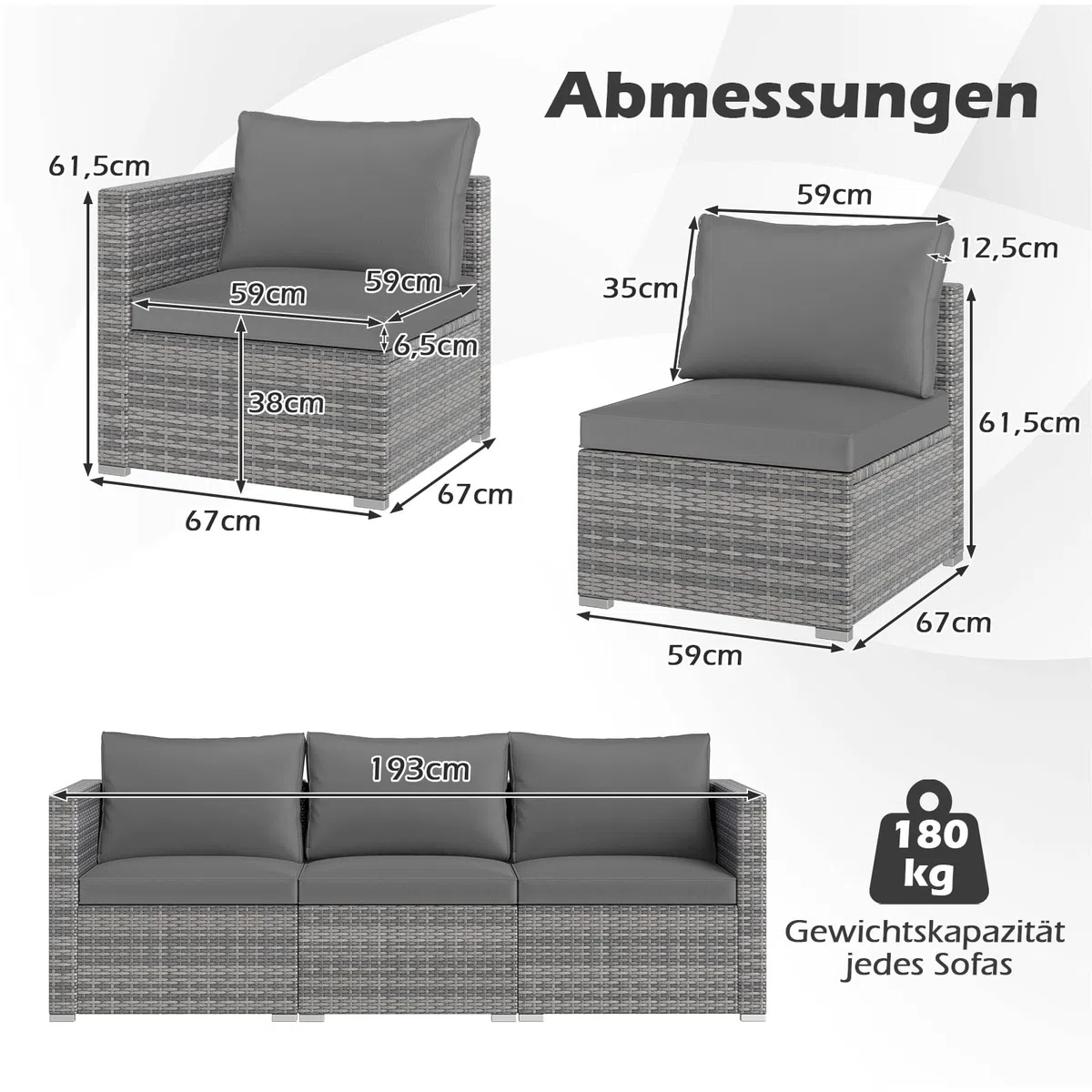 COSTWAY Gartensofa mit Kissen, 3-Sitzer Lounge Sofa, Rattan Lounge Möbel Outdoor, Gartenlounge, Gartenmöbel, Terrassenmöbel, Balkonmöbel, wetterfest, 193 x 67 x 61,5 cm (Grau)