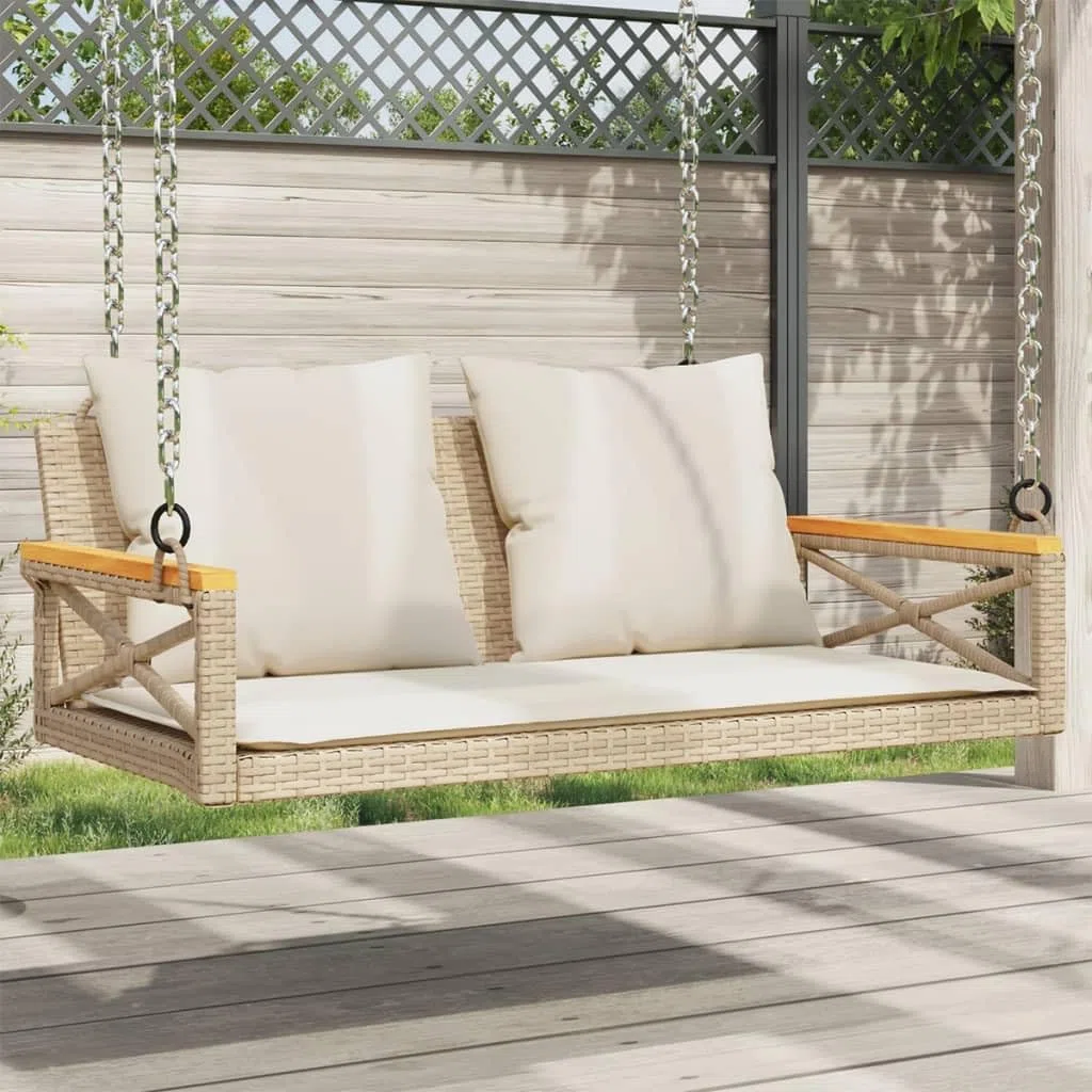 vidaXL Hängebank mit Kissen, Hängeschaukel mit Befestigungsringen, Schaukelbank für Außenbereich, Gartenschaukel, Modern, Beige Poly Rattan