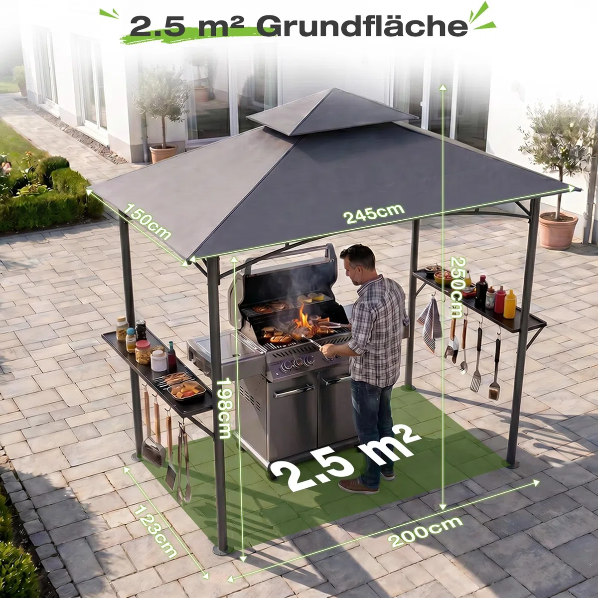 Sekey grillpavillon Winterfest wetterfest mit Doppeldach, Seitenregalen, Haken & Flaschenöffner, sekundenschnell aufbaubar UV-Schutz 50+, grillüberdachung Outdoor für Garten BBQ Camping, Anthrazit