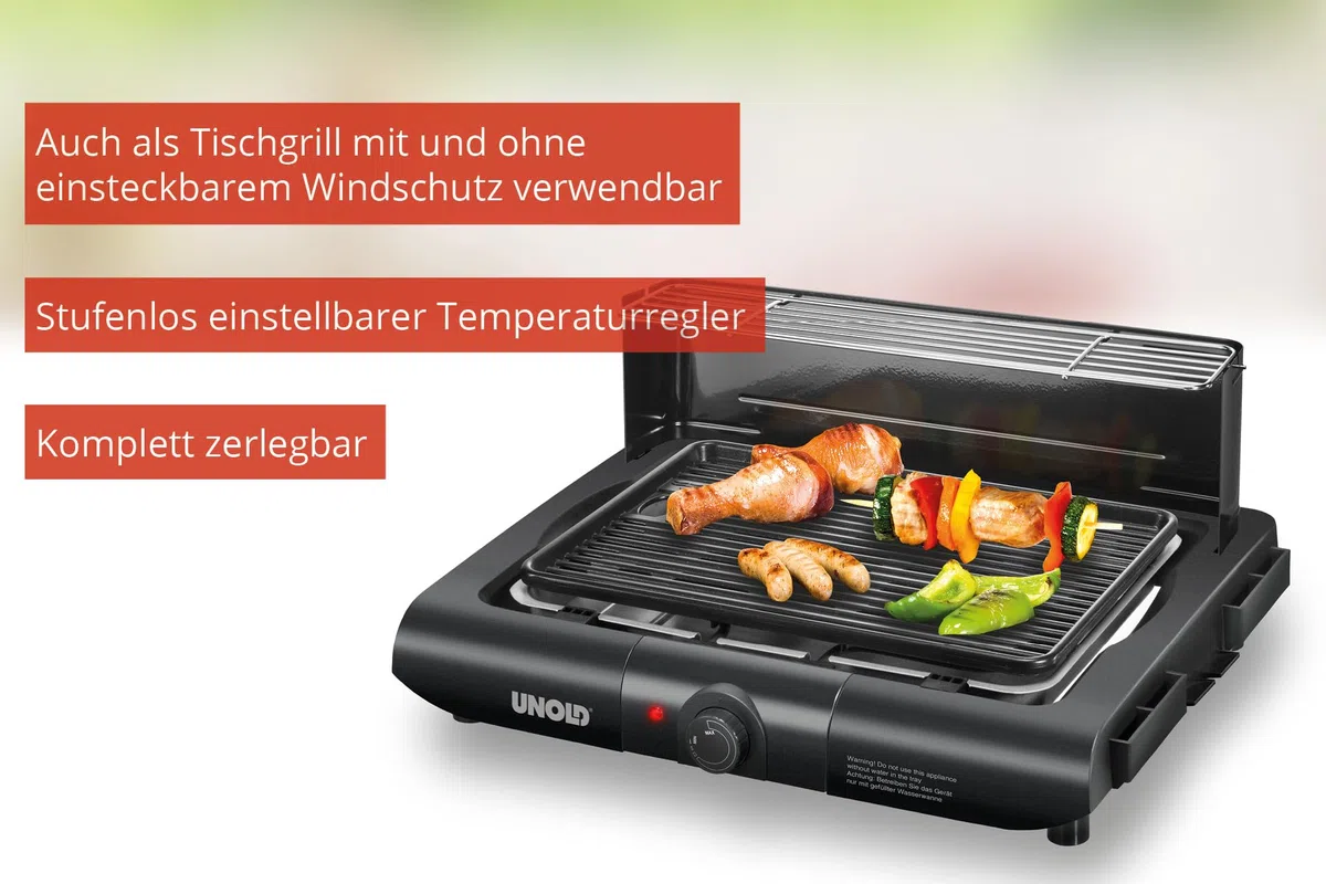 Unold 58565 Vario Barbecue-Grill - Tisch- und Standgrill, Schwarz, 1.600 W, Antihaftbeschichtung, seitliche Ablageflächen, Windschutz, Überhitzungsschutz, Grillplatte aus Druckguss-Aluminium