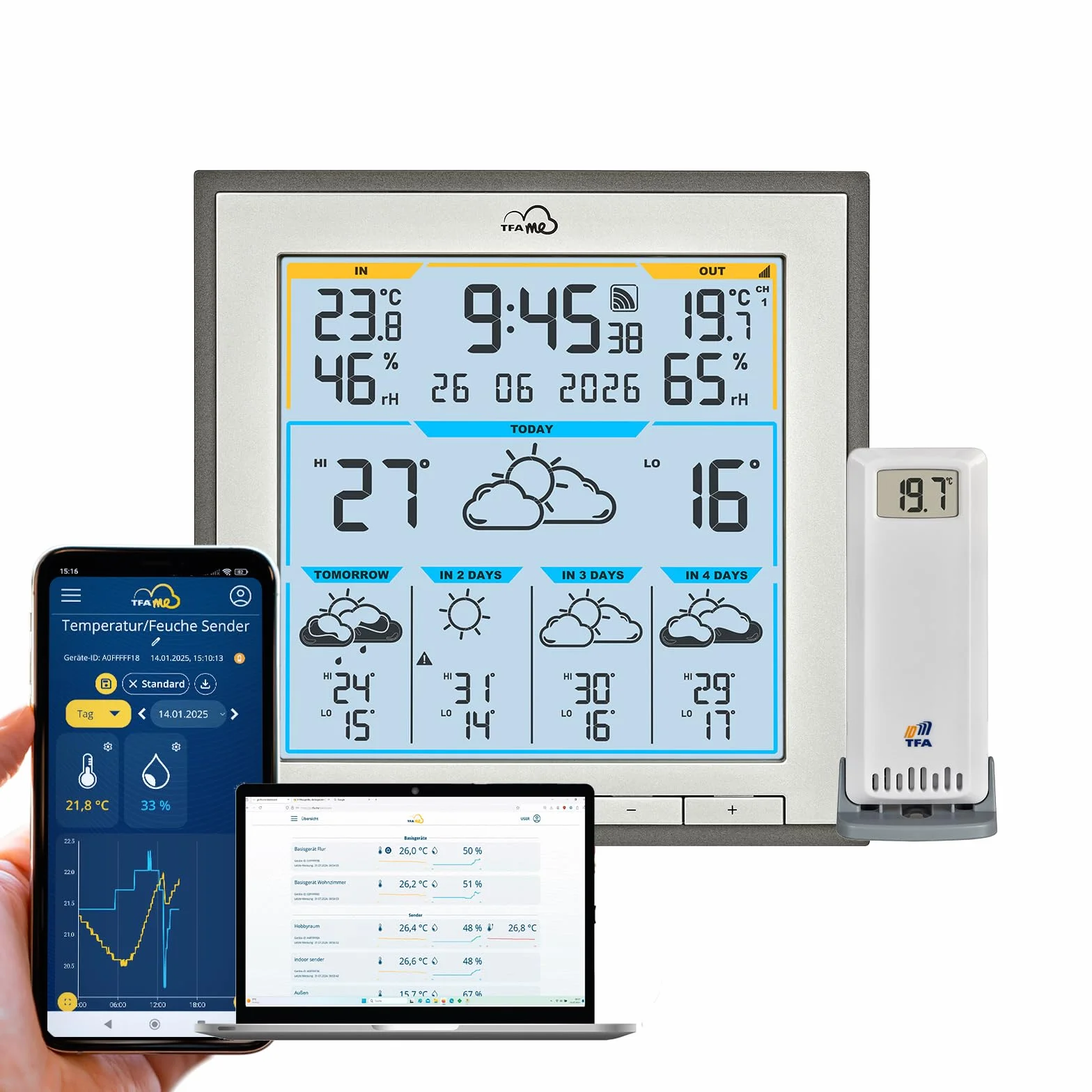 TFA Dostmann WLAN Wetterstation ID-08 35.8105.10 Profi-Wettervorhersage wetter.com 5 Tage Online-Portal Außensensor Funk anthrazit