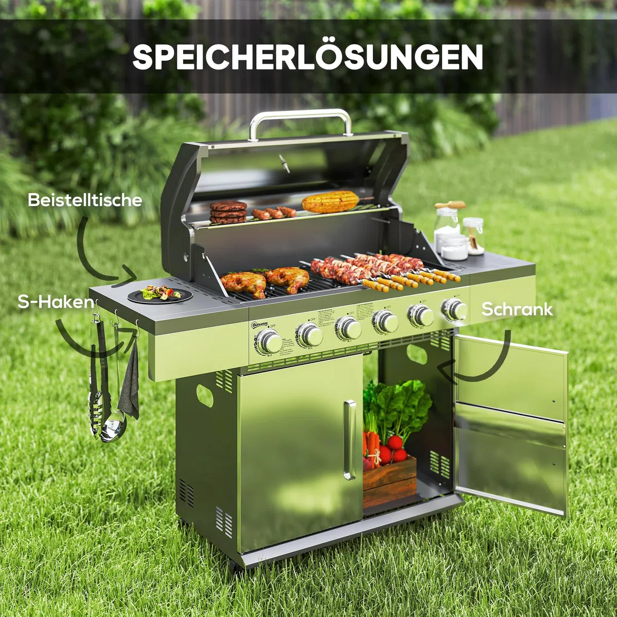 Outsunny Gasgrill 8500BTU BBQ Gartengrill inkl 6 Edelstahl-Brenner Rolle Druckminderer Thermometer, Grillwagen mit Gasschlauch Seitenablagen Deckel, für Camping-Grill Balkon, 143 x 55 x 110 cm