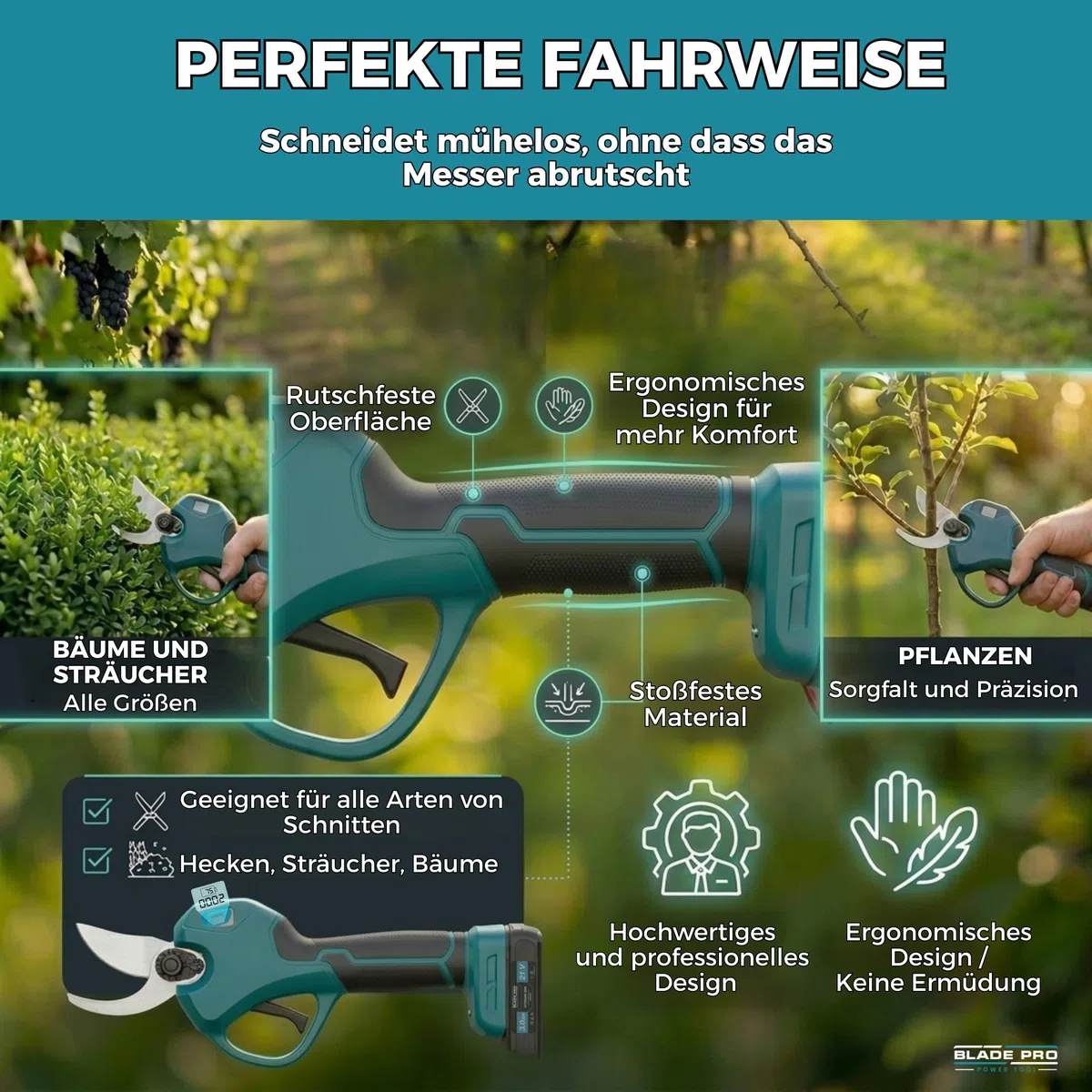Akku Astschere bis zu 40mm Elektrische Gartenschere 6000mAh — Kabellos für Makita 18V — Bürstenloser Motor 800W — LCD Display — 10-teiliges Set BLADEPRO