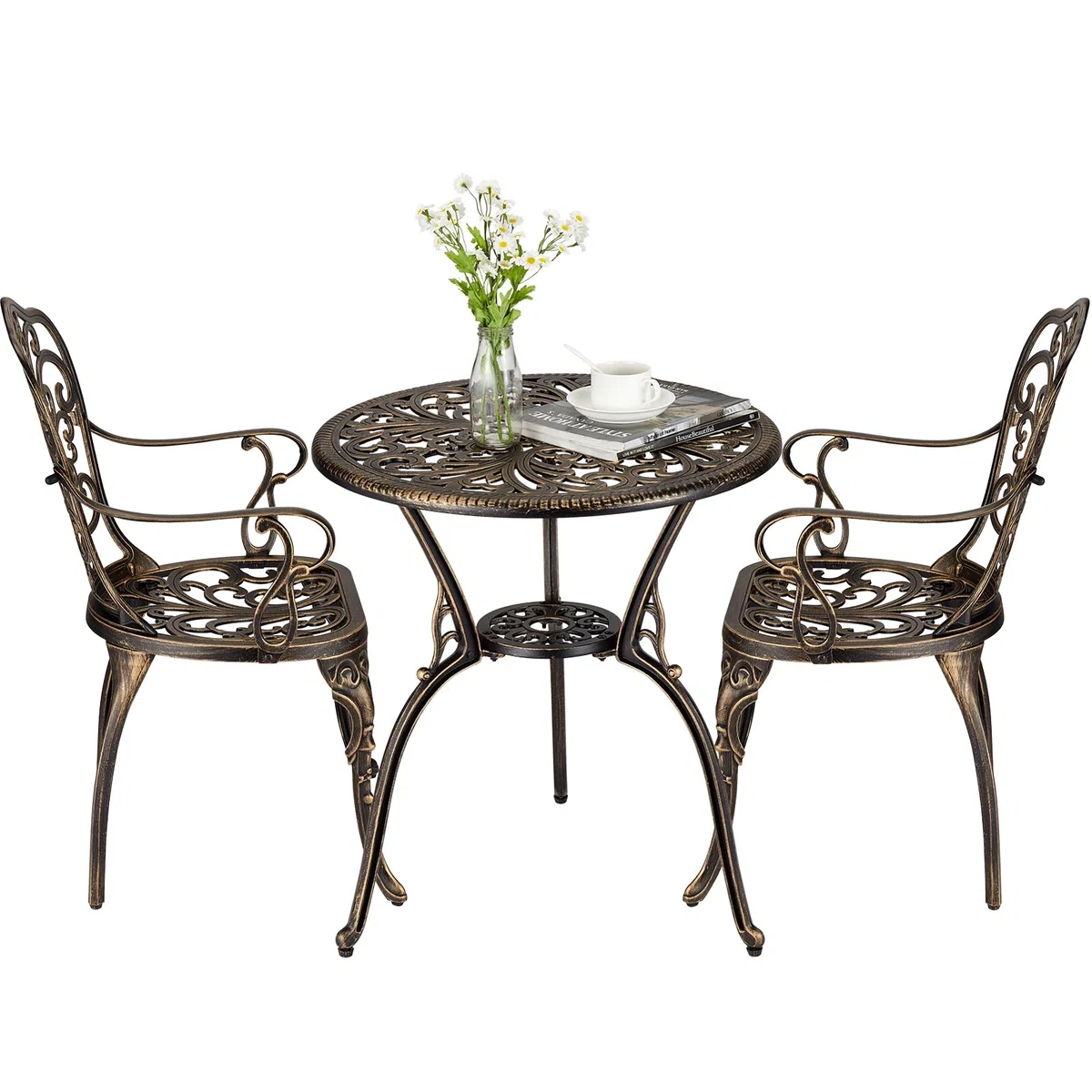 3-teiliges Bistro-Set aus Aluminium-Druckguss – Tisch mit Sonnenschirm-Portal – 2 Stühle wetterfest – ideal für Garten, Terrasse, Balkon, Pool – Farbe Bronze