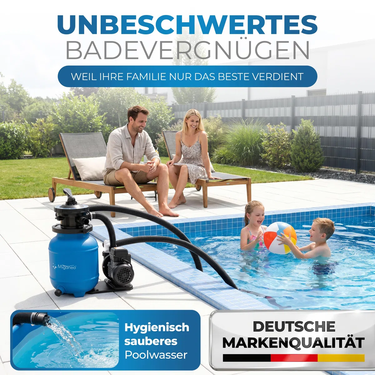 Miganeo Sandfilteranlage Speed Clean Dynamic 7000 Blau | Filteranlage für Pools bis 19.000 Liter | Poolpumpe mit 6.300 l/h Pumpenleistung und 4.500 l/h Filterleistung | stromsparende 250 Watt