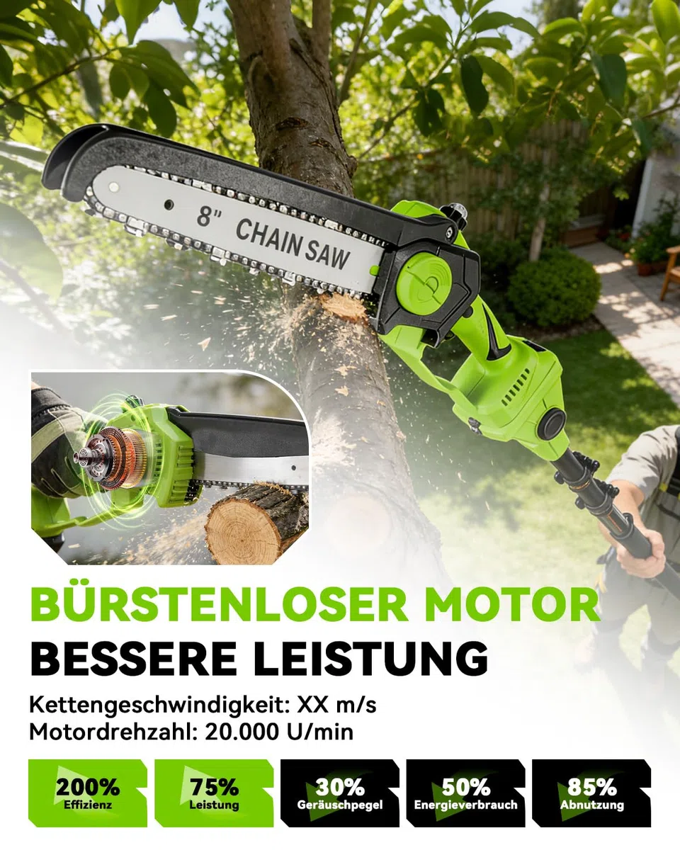 2-in-1 Akku Hochentaster 8-Zoll Bürstenlose Mini-Kettensäge mit Teleskopstange 2 x 3000mAh Akkus