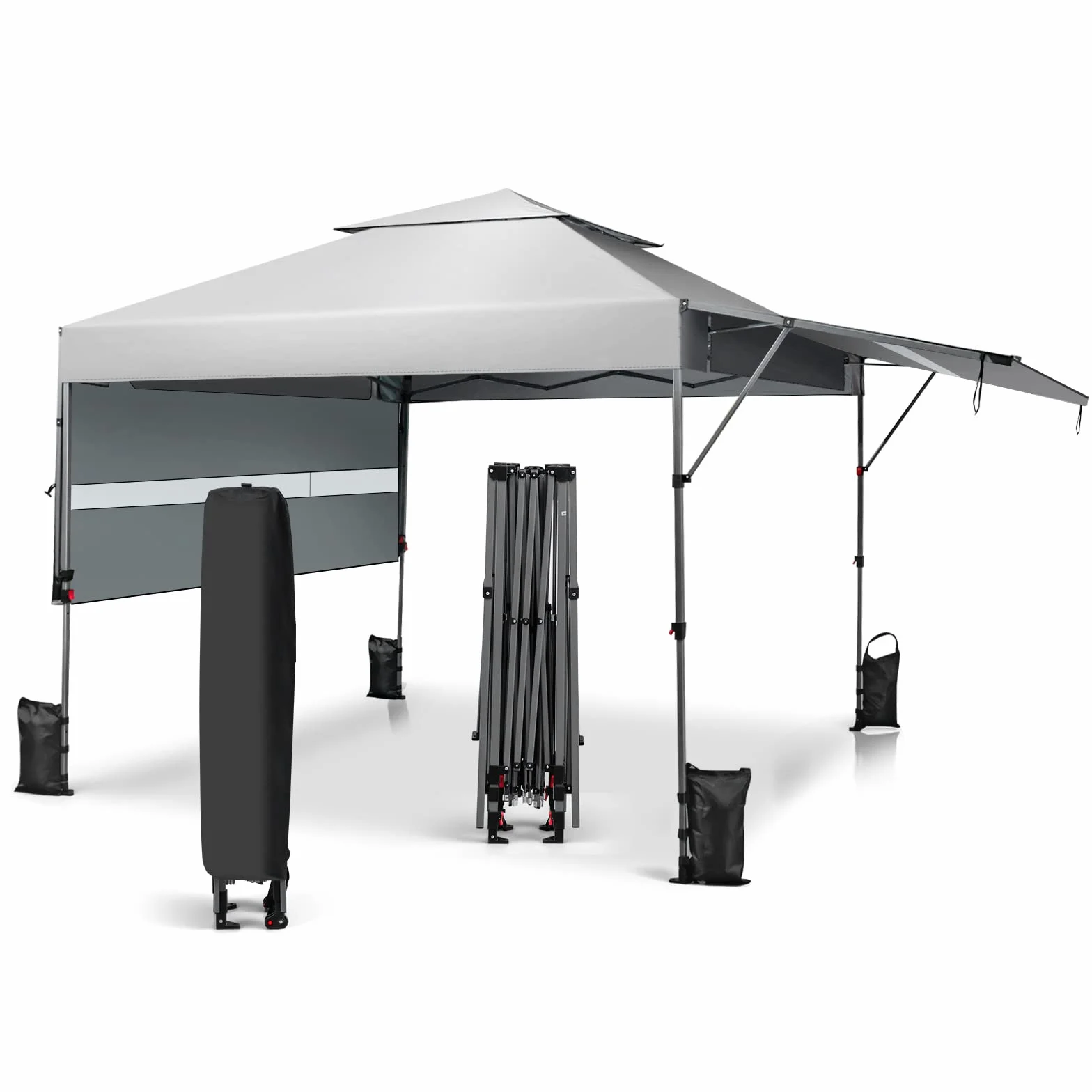 COSTWAY 3x3m Pop Up Pavillon mit Zwei Markisen, Faltpavillon mit Rolltasche, 4 Sandsäcke, UV-Schutz 50+, Gartenzelt faltbar, Partyzelt wasserdicht stabil Winterfest, Gartenpavillon für Garten (Weiß)