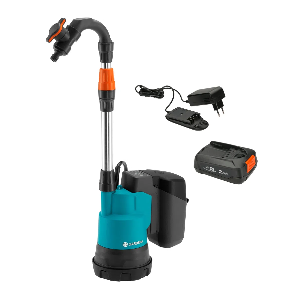 Gardena Akku-Regenfasspumpe 2000/2 18V P4A Ready-To-Use Set: Hohe Fördermenge und Druck, Verstellbare Leistungsstufen, Trockenlaufsicherung, Teleskoprohr, Kabellos (14602-20)