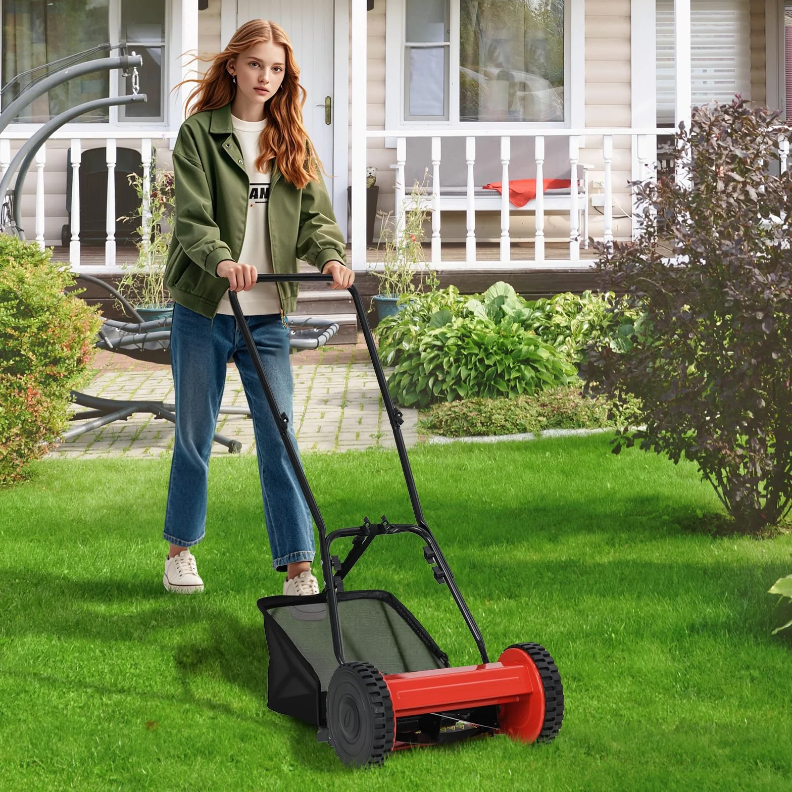 RELAX4LIFE Spindelmäher Hand Rasenmäher mit 30cm Schnittbreite & 5 Messern & 4-stufig Schnitthöheneinstellung 15-40mm & 18,5 Liter Fangkorb, Handrasenmäher Manuell zur Rasenpflege