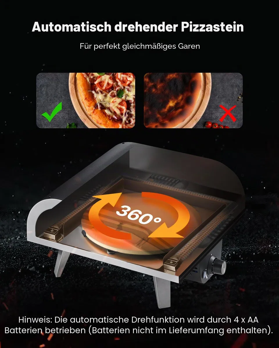 VEVOR Pizzaofen für den Außenbereich, Propan-Gas, mit elektrischer Rotation und dickem Pizzastein, tragbar, für Camping, Garten, Terrasse, mit Tragetasche, Schwarz, 470 x 430 x 270 mm