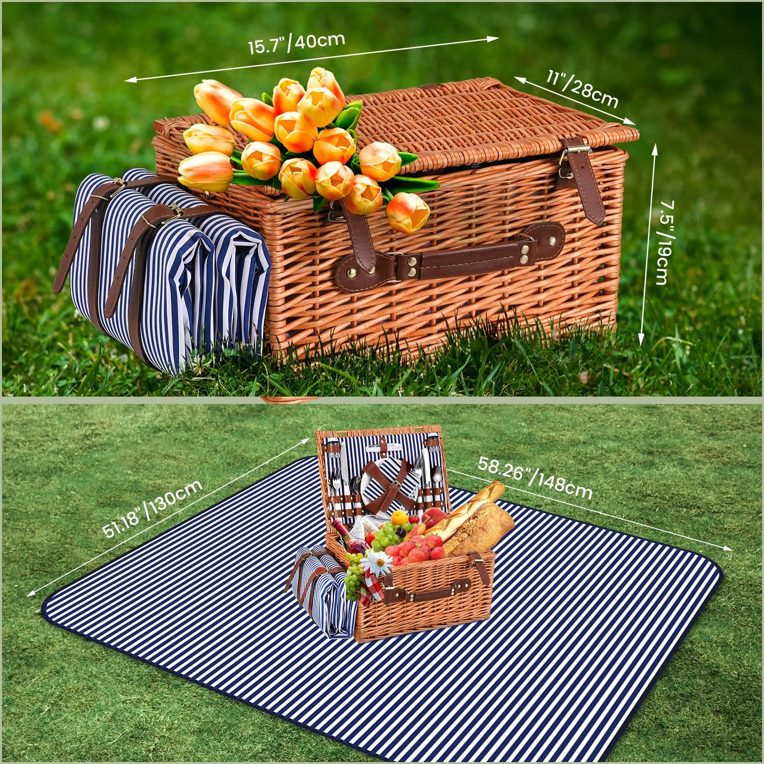 Picknickkorb,Picknickkorb 4 Personen mit Großem Isoliertem Kühlfach und wasserdichte Picknickdecke, Piknik Korb Set mit 4 Sets Besteck, Teller Perfekt für Picknick, Camping, Reisen, Strand(Blau)