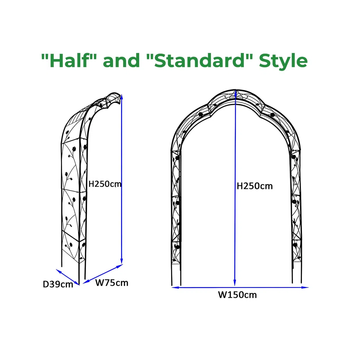 Rosenbogen aus Metall, Stabiler Gartenbogen mit verstärkten Stahlrohren, rostfrei – 250x150x39 cm – Ideal als Rankhilfe für Kletterpflanzen, Schwarz