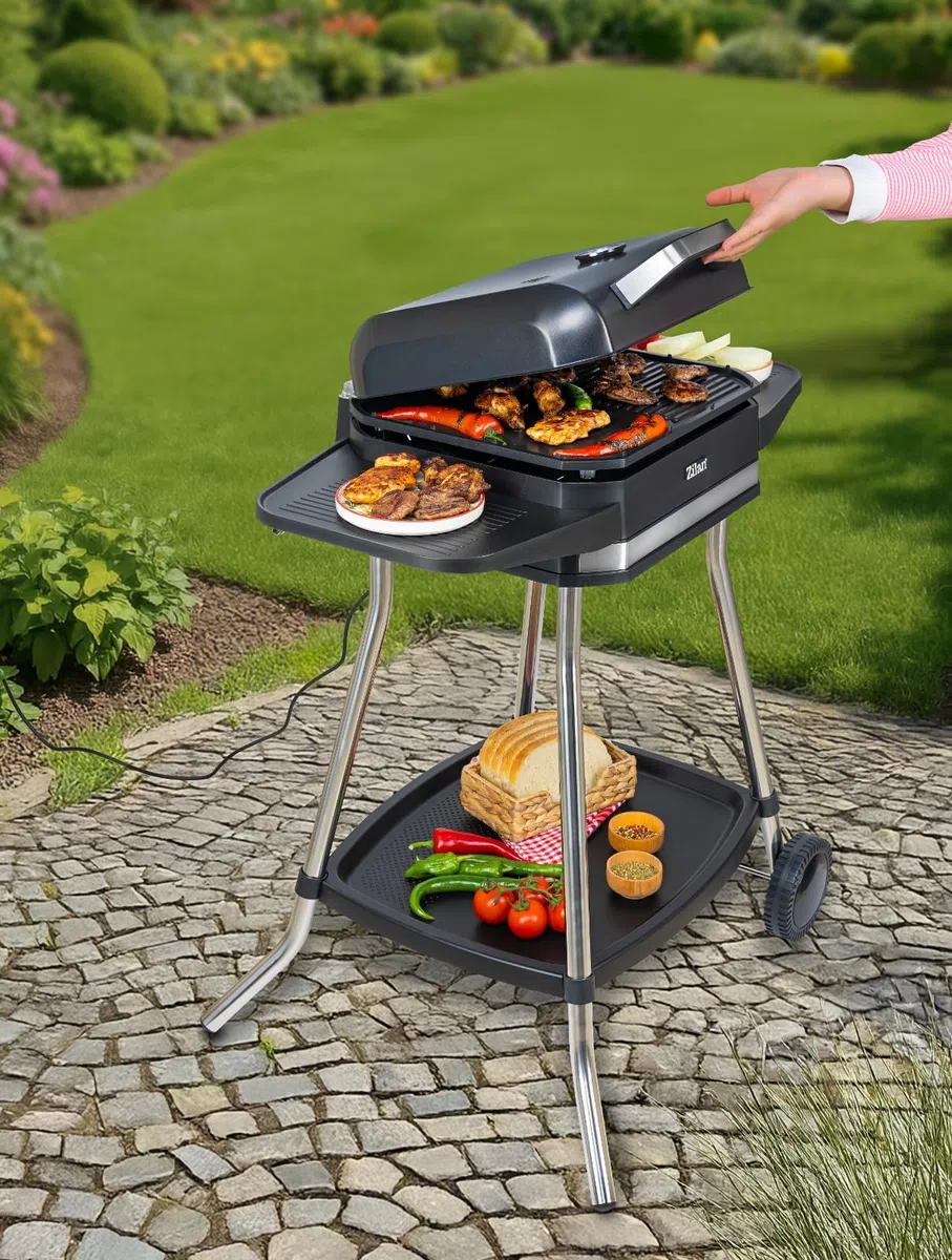 2in1 Elektrogrill Standgrill Tischgrill elektrisch 3.050 Watt - Elektro Grill für Balkon, Draußen mit Standfuß große Grillfäche Stufenloser Temperaturregler elektrischer BBQ Grill
