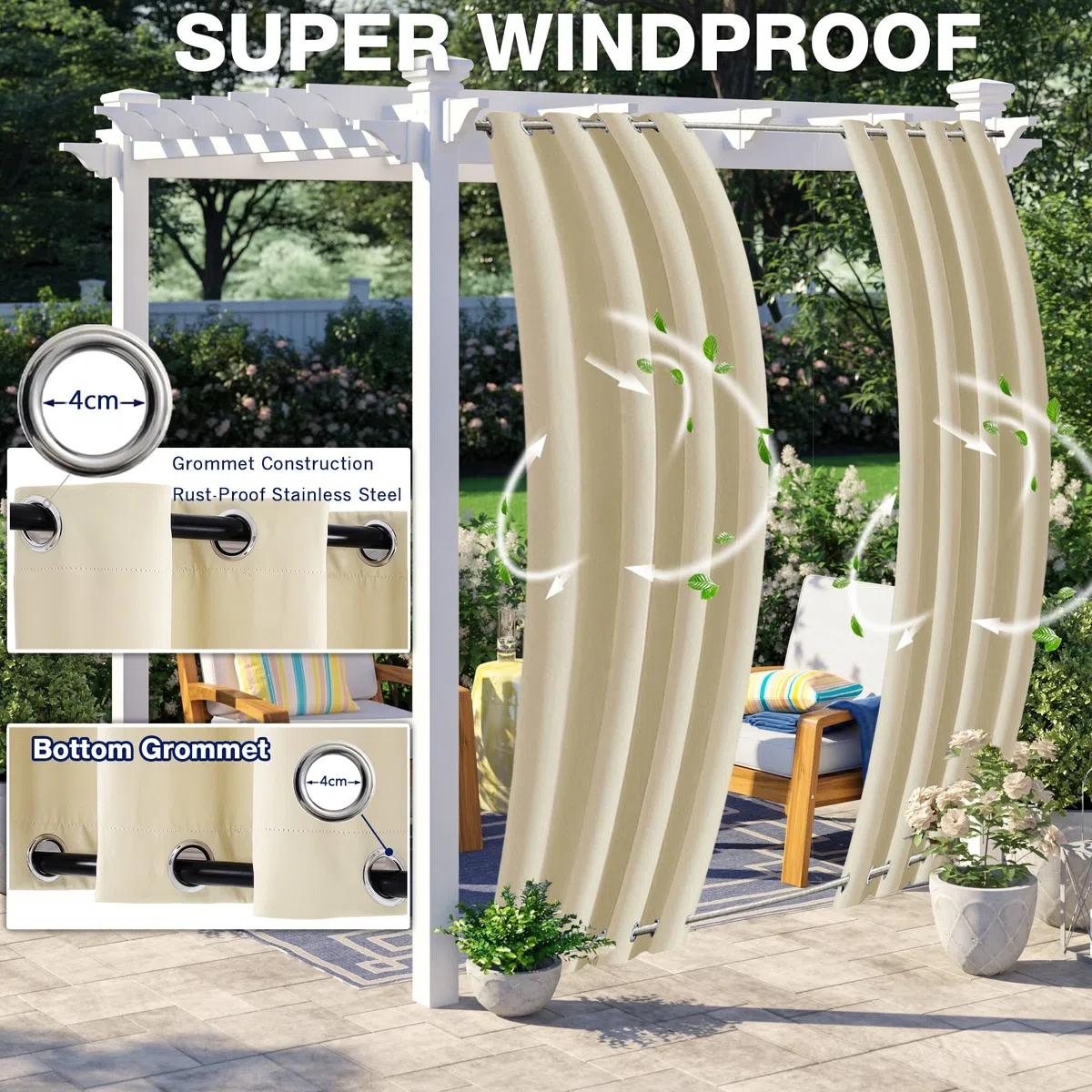 Aiyaoo Outdoor Vorhang Breit 295x215cm BxH (1 Stück), UV Schutz Wasserabweisend Blickdicht für Pavilion Balkon Garten Patio- Beige