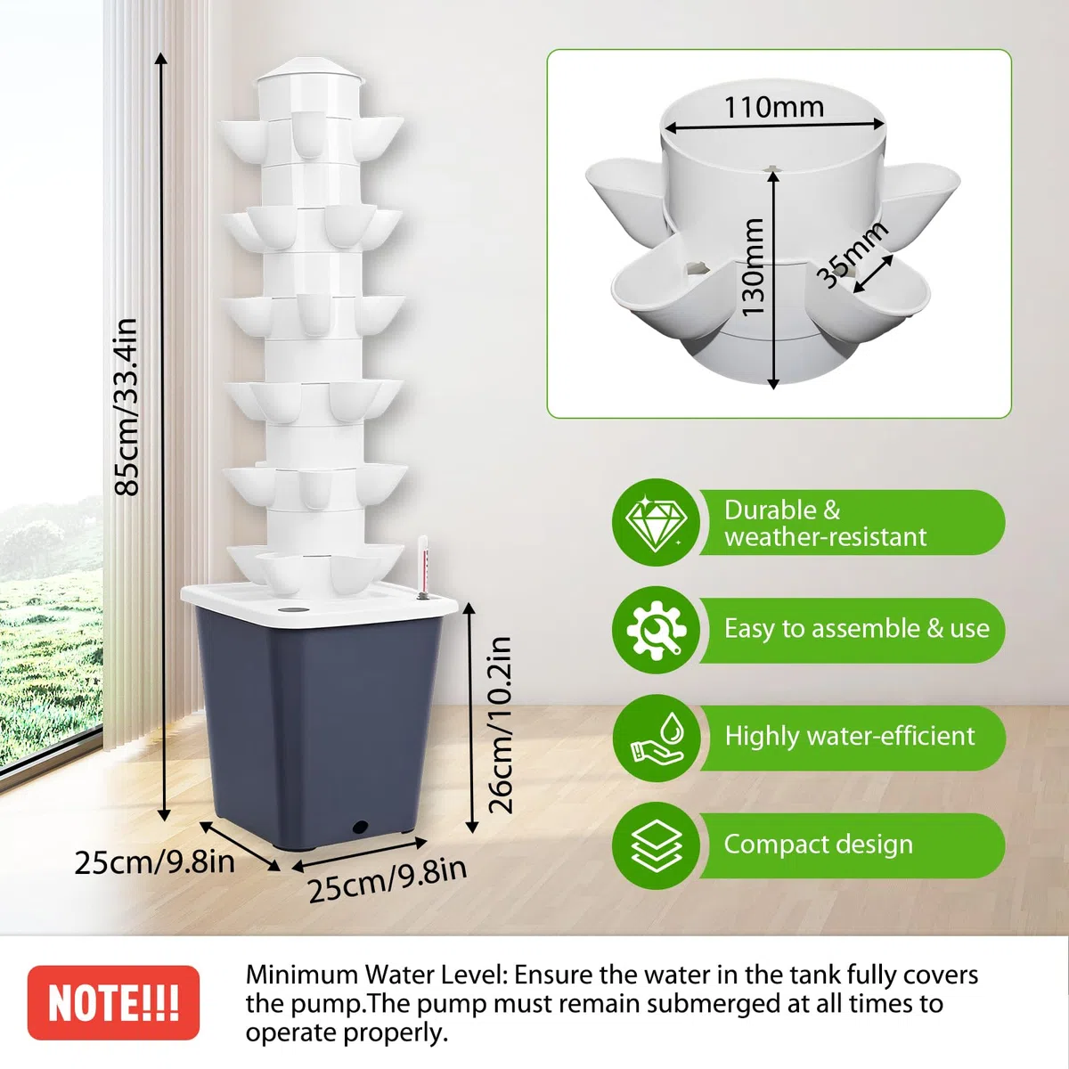 LIROPAU Hydroponic Tower Garden 30 Löcher, 6 Etagen Aeroponic Tower Grow System Kit, Erdloses Anbausystem mit Hydratationspumpe, Adapter und 10L Wassertank für Kräuter, Obst und Gemüse