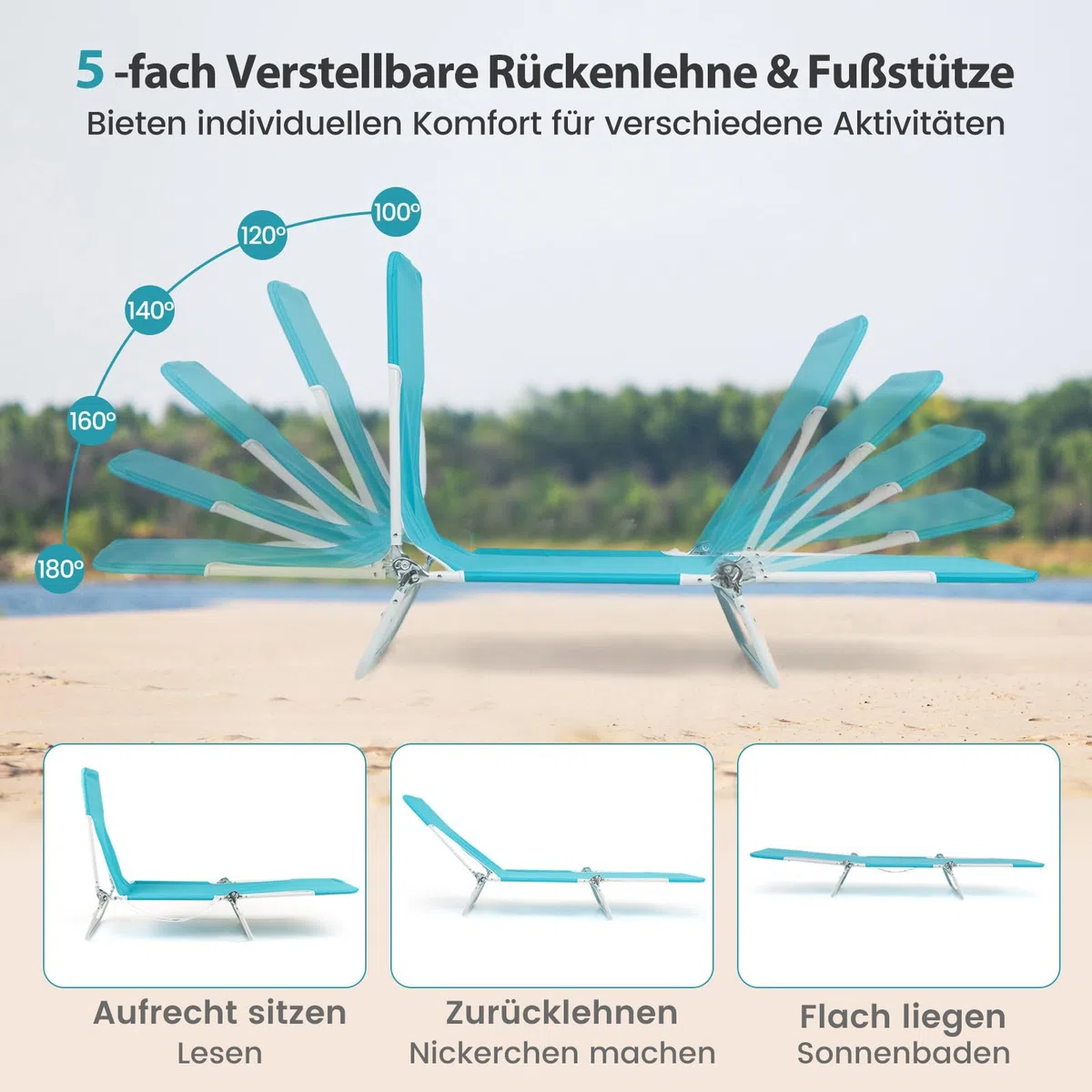 COSTWAY Strandliege klappbar leicht 2er Set, Sonnenliege mit verstellbarem Rücken- und Fußteil, tragbare Klappliege mit Tragegurt, Liegestuhl bis 150 kg belastbar für Strand, Garten, Terrasse (Blau)