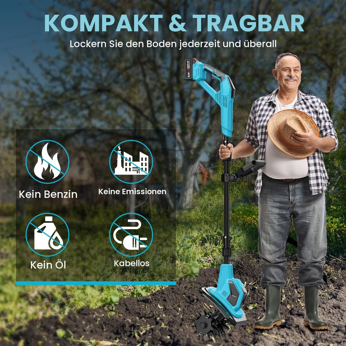 Elektrische Motorhacke, 21 V, kabellose Gartenfräse, 600 W, mit 2 x 4,0 Ah Batterien, Arbeitsbreite 17 cm, Arbeitstiefe 24 cm, 360 U/min, elektrische Motorhacke für Garten und Hof