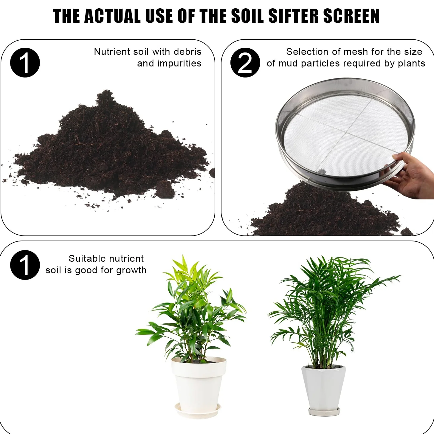 Savita Bodensieb Garten, 1st 40cm Edelstahl Siebpfanne und 4 Stück 0,7/2/3/6mm Maschenweiten Bodensieb Edelstahl Bodensieb Set Schmutz Gartensieb Bodensieb