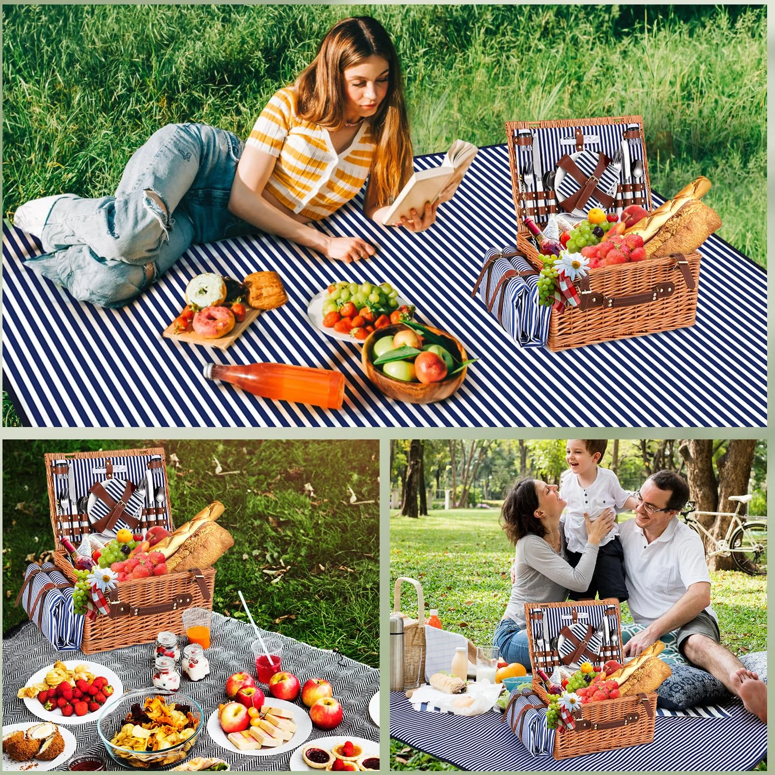 Picknickkorb,Picknickkorb 4 Personen mit Großem Isoliertem Kühlfach und wasserdichte Picknickdecke, Piknik Korb Set mit 4 Sets Besteck, Teller Perfekt für Picknick, Camping, Reisen, Strand(Blau)