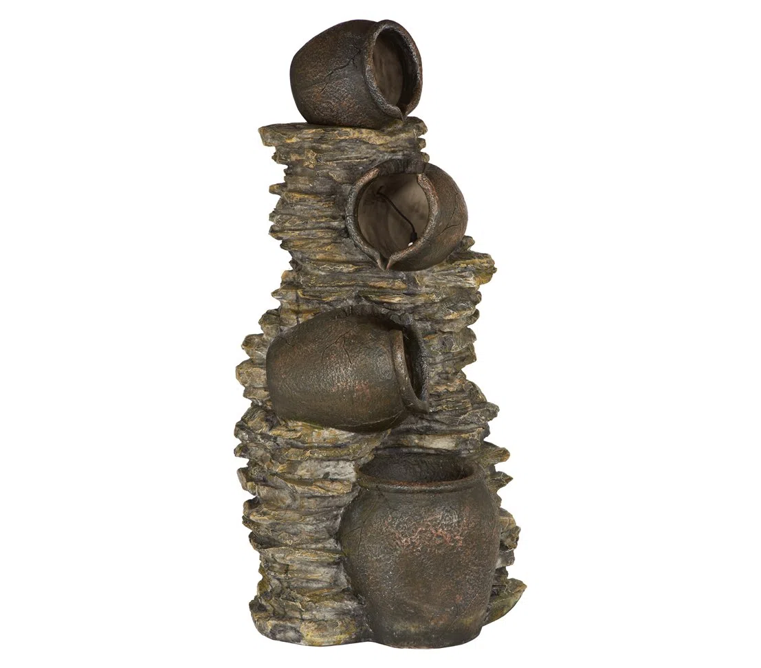 Dehner Gartenbrunnen Krüge, Outdoor-Brunnen, mit LED-Beleuchtung, solarfähig, ca. 60x46x118 cm, Polyresin, dunkelbraun/ gold
