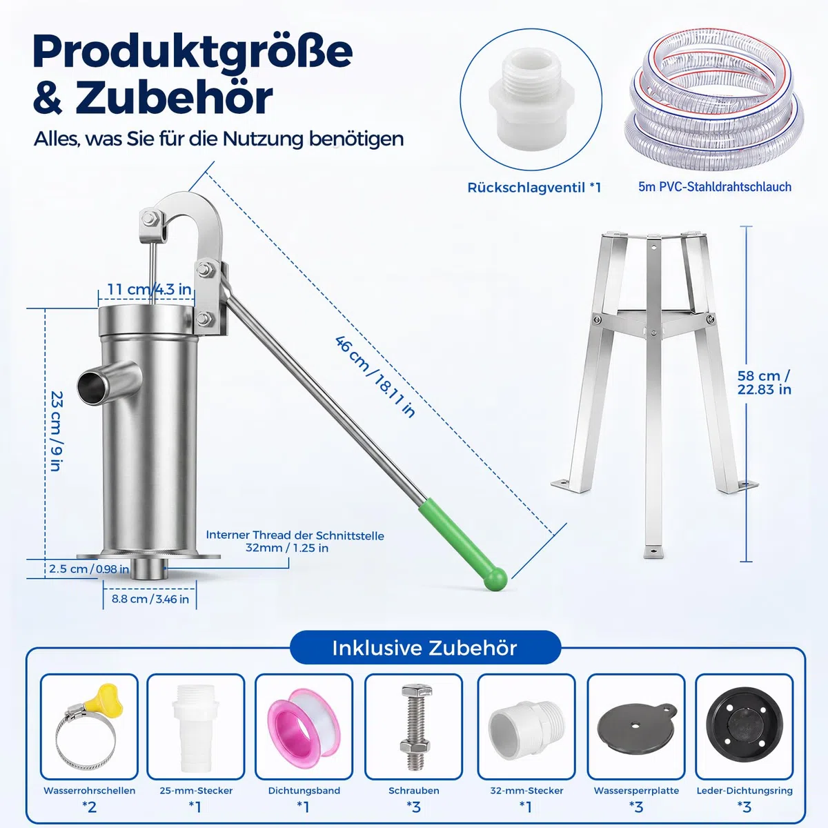 Schwengelpumpe Set, Schwengelpumpe Komplett Set mit 58 cm Ständer & 5 m Schlauch, Handpumpe Wasserpumpe Gartenpumpe Edelstahl Haushalt Grundwasserpumpe Brunnen für Gartenhof Hof und Bauernhof