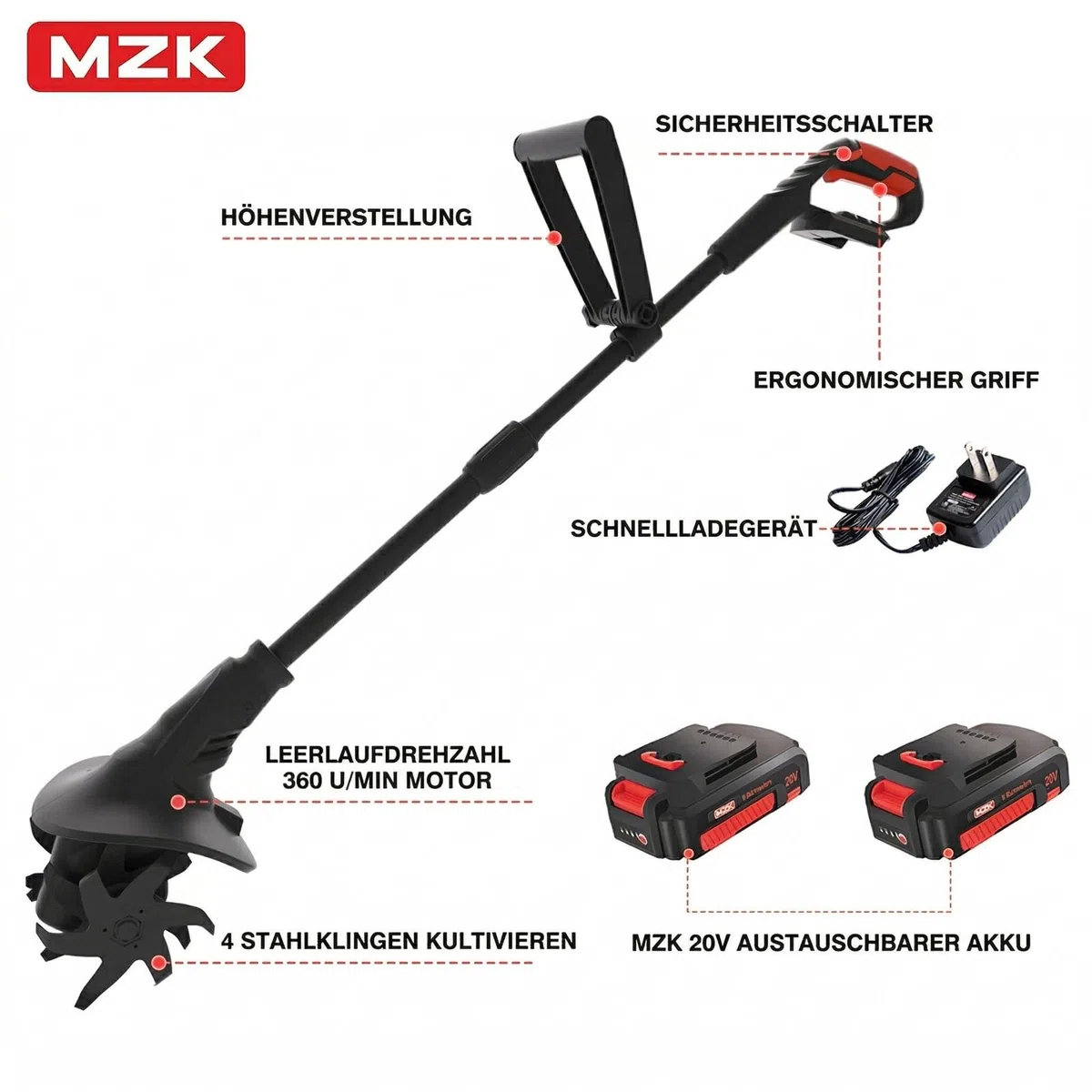 MZK 20V Akku-Motorhacken, 20 cm Arbeitsbreite, 360 U/min, Kabellose Gartenfräse mit 24 Stahlzinken, für Rasen Garten Bodenbearbeitung (2X 2,0Ah Akku & Ladegerät)