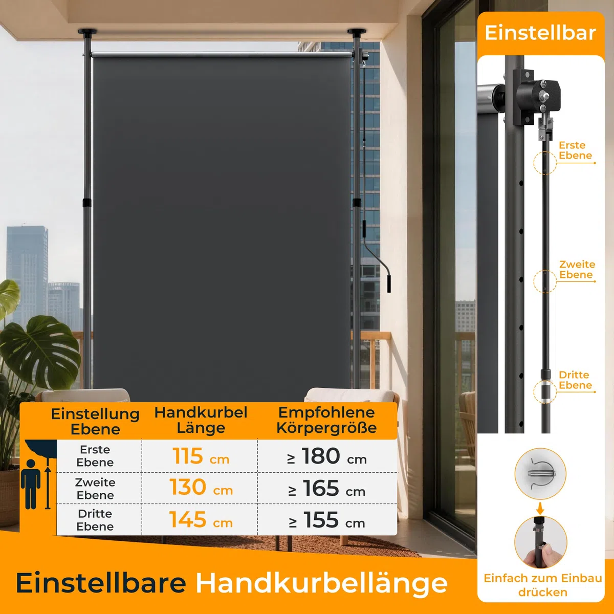 HOMEDEMO Senkrechtmarkise Außen, Vertikalmarkise ohne Bohren, Balkonrollo mit Einstellbare Handkurbel, Sichtschutz Sonnenschutz Windschutz, 120x(220-310) cm, Garten, Stoffbreite 105.5 cm, Anthrazit