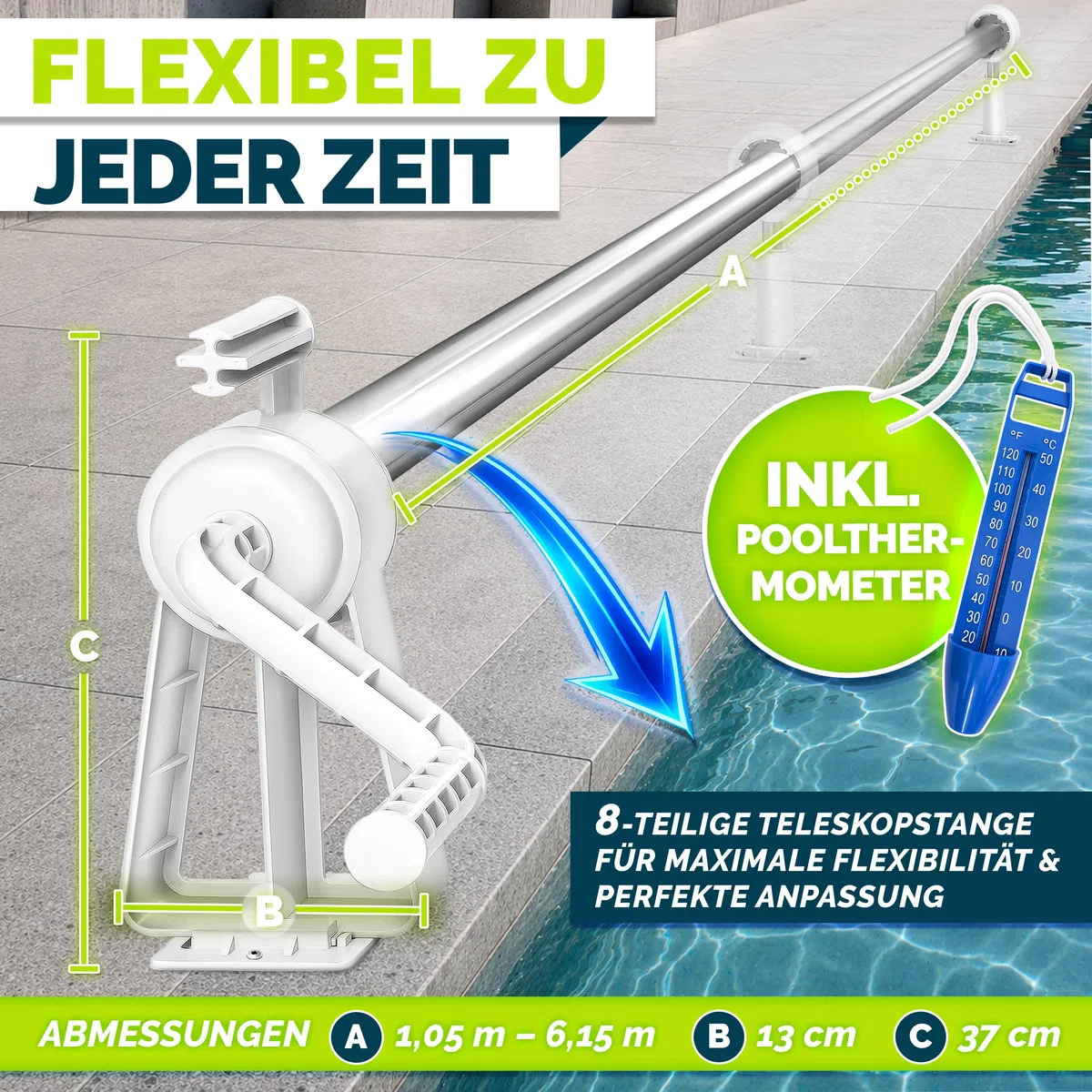 Tillvex Pool Aufroller Premium 1,05-6,15 m Aufrollsystem für Solarplane Mobile Aufrollvorrichtung witterungsbeständig