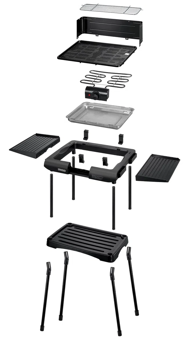 Unold 58565 Vario Barbecue-Grill - Tisch- und Standgrill, Schwarz, 1.600 W, Antihaftbeschichtung, seitliche Ablageflächen, Windschutz, Überhitzungsschutz, Grillplatte aus Druckguss-Aluminium