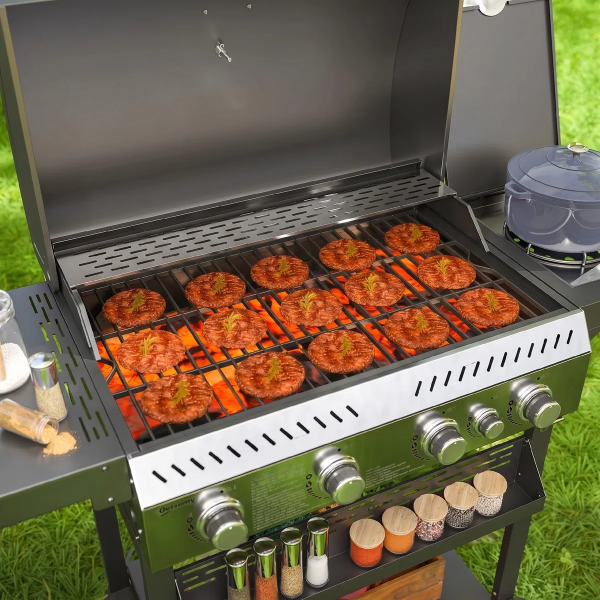 Outsunny Gasgrill 12 KW 4+1 Brenner BBQ Grillwagen aus Edelstahl mit Seitenbrenner, Thermometer, Grillrost, Kochfeld, Flaschenöffner und Seitenablagen Gasgrill für Camping Balkon 135 x 55 x 103cm