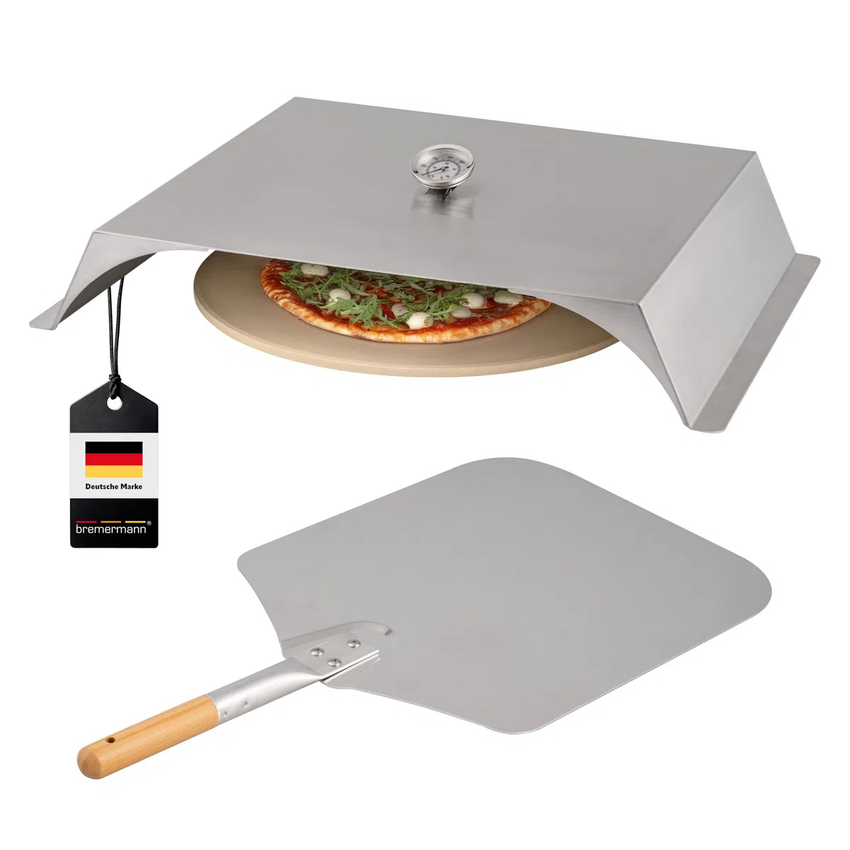 Bremermann Pizza-Aufsatz für Grills mit Thermometer, Schaufel und Pizzastein, 56 x 9 x 38 cm