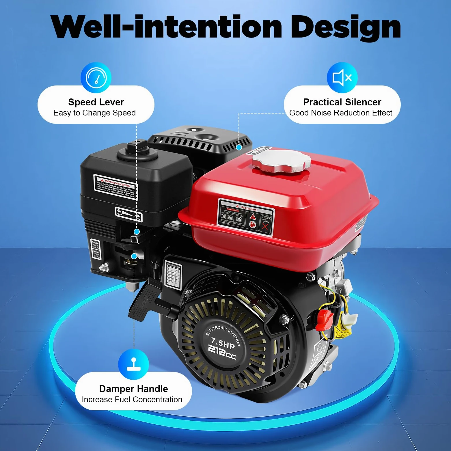 7,5 PS 4 Takt Benzinmotor, 4KW Standmotor 3600 U/min Kartmotor, Industriemotor Luftkühlung Einzylinder Zugstart, Balkenmäher Elektromotor Rasenmäher Go Kart Motor