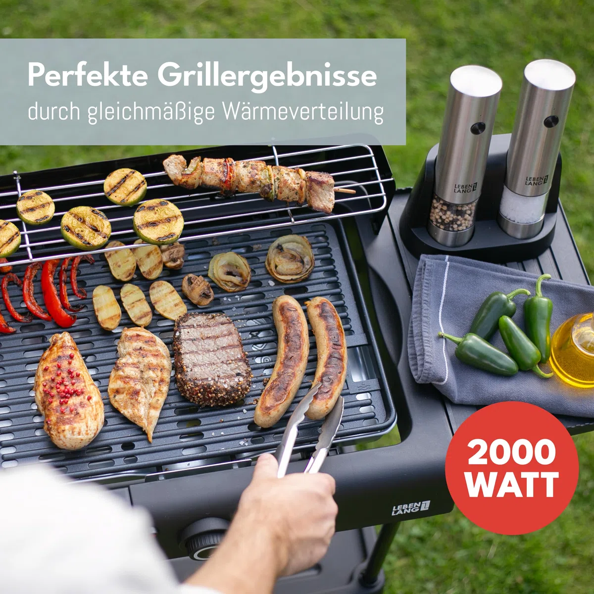 LEBENLANG 2in1 Elektrogrill Tischgrill elektrisch - Inkl. Standfuß & Grillzange I Elektro Grill für Draußen & Drinnen Balkon Tisch 2000W I Electric Grills Elektrische Tischgrills BBQ Balkongrill