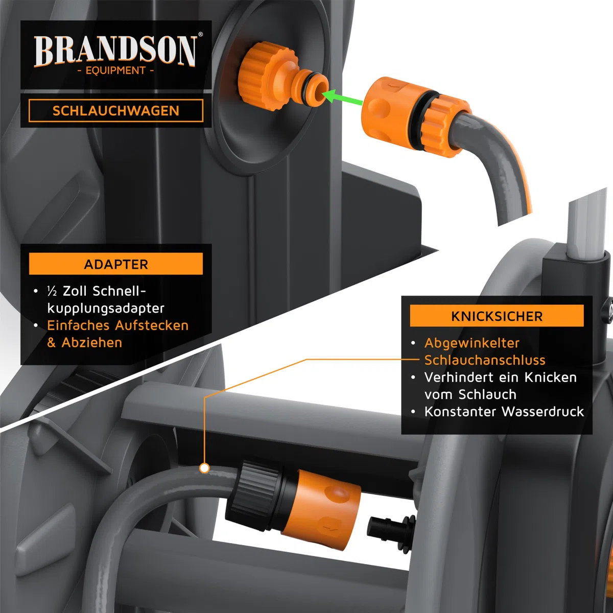 Brandson - Garten Schlauchwagen mit Schlauch/Schlauchtrommel inkl. Gartenschlauch 25 m + 2 m Schlauch plus Zuleitung – 3/4 Zoll - automatische Schlauchführung - Aufrollhilfe – Gardena kompatibel