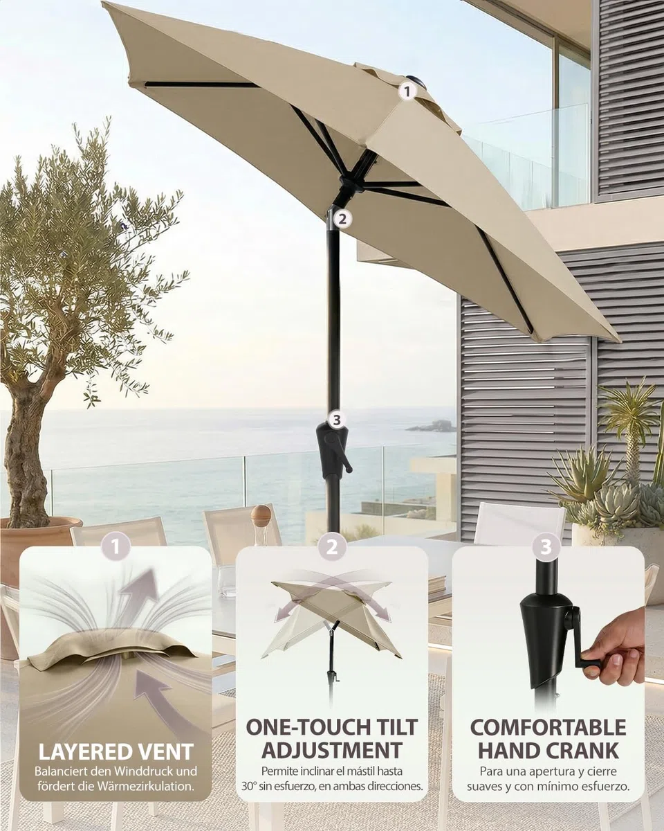 Sunula Sonnenschirm Rechteckig, Gartenschirm Terassenschirm mit Kurbelsystem, 38mm Stahlrohr & 12x18mm Ovale Streben, Marktschirm Sonnenschutz für Balkon Garten