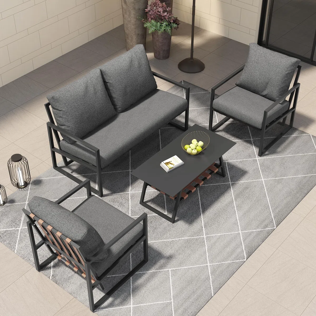 Muskel Garten Lounge Set 4-teilig Outdoor Sofa Einzelstühle Sesseln, Couchtisch, Essgruppe für Garten Balkon Terrasse, Abnehmbarer und waschbarer Stoffbezug, Schwarz