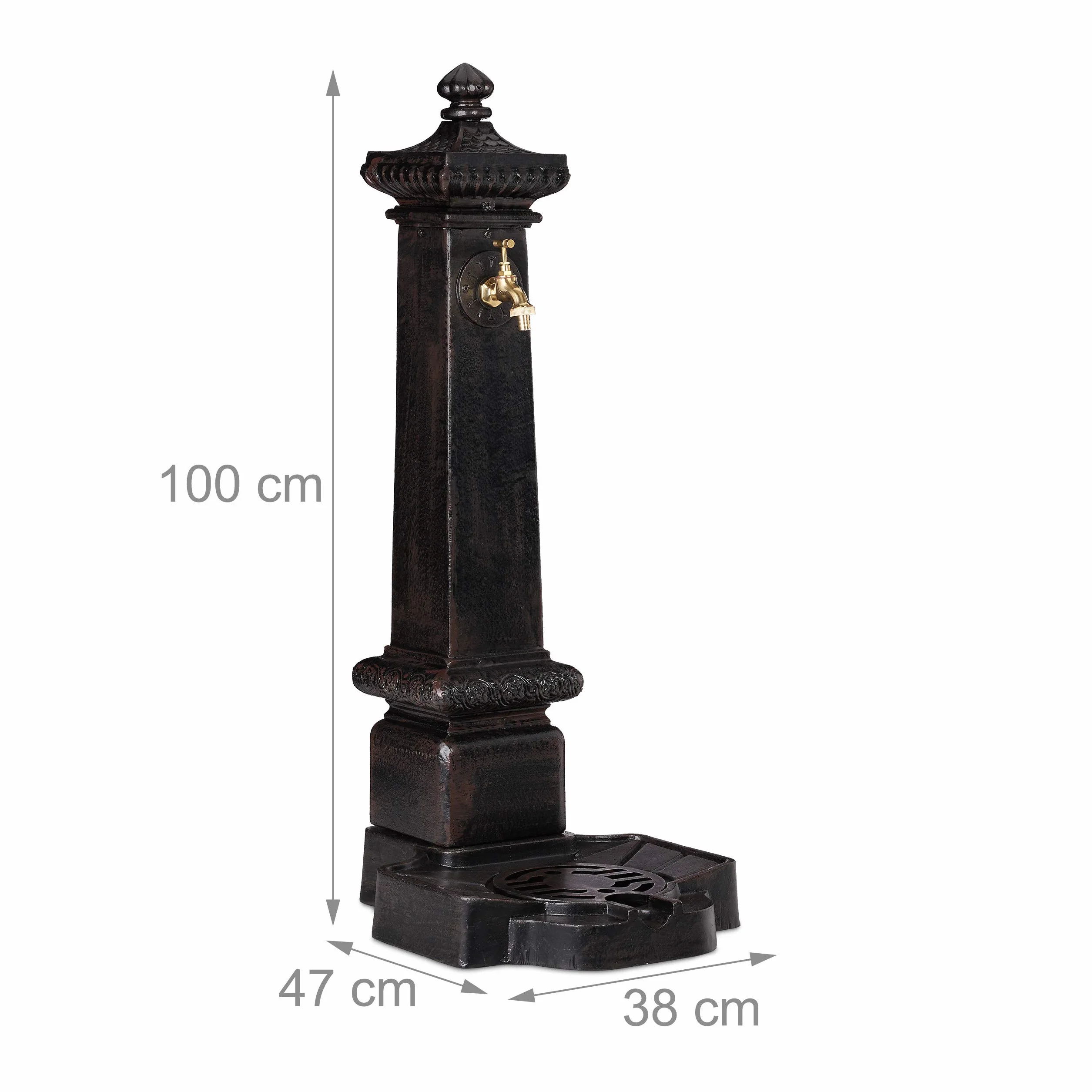 Relaxdays Standbrunnen XXL, Wasserzapfstelle in Antik-Stil, Säule mit Wasserhahn & Becken, 100 x 38 x 47 cm, dunkelbraun, Braun / Bronze / Kupfer