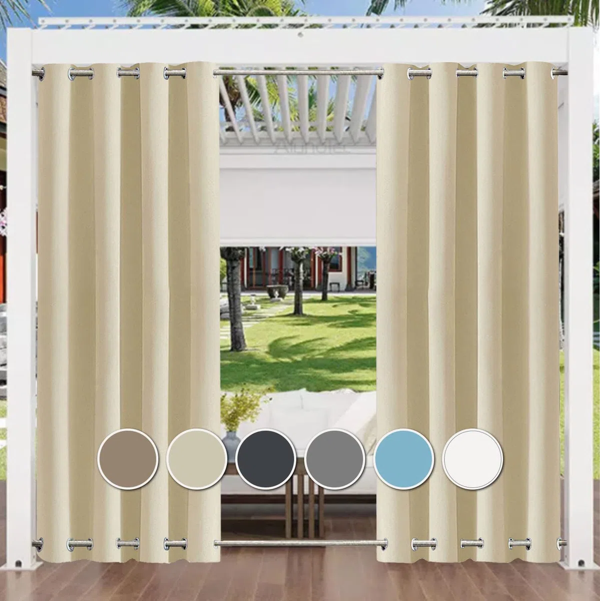 Aiyaoo Outdoor Vorhang Breit 295x215cm BxH (1 Stück), UV Schutz Wasserabweisend Blickdicht für Pavilion Balkon Garten Patio- Beige