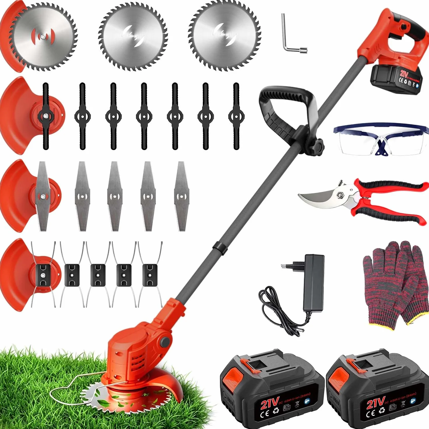 Rasentrimmer mit Akku, 850W Klappbarer Akku Freischneider mit 2X4.0AH Batterien, Akku Rasentrimmer & Rasenkantenschneider mit 4 Messertypen, Elektrischer Motorsense für Garden und Rasen