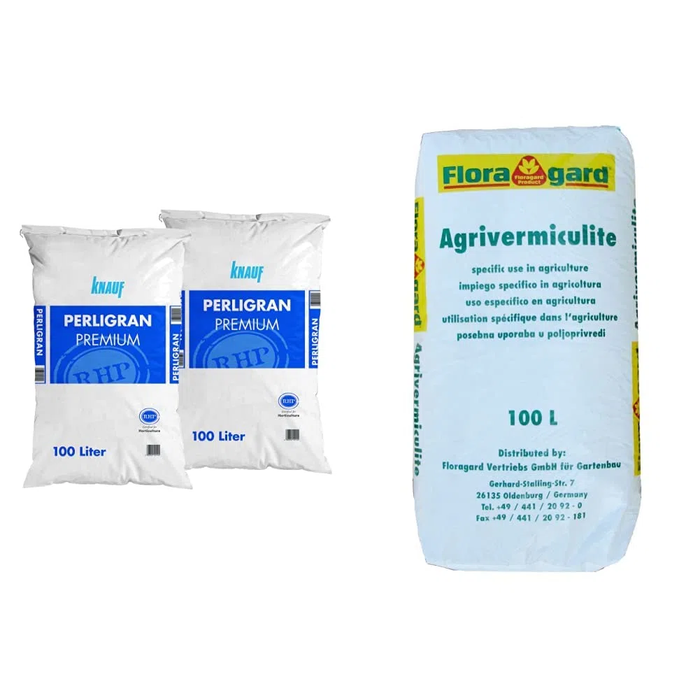 Knauf Gartenbau Perlite Perligran 2-6 mm 2x100 L • zur Erden- und Substratverbesserung • 200 L & Vermiculite 100 L Brutsubstrat für Reptilien in Terrarien Abdeckmaterial im Kübel